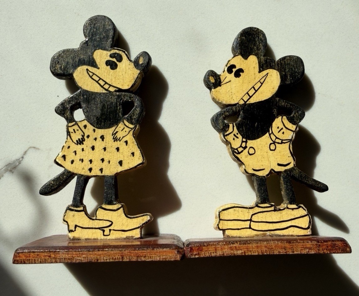 Antique 1932 Mickey Minnie Mouse Hand Carved Wood Folk Art Figures Original Pair