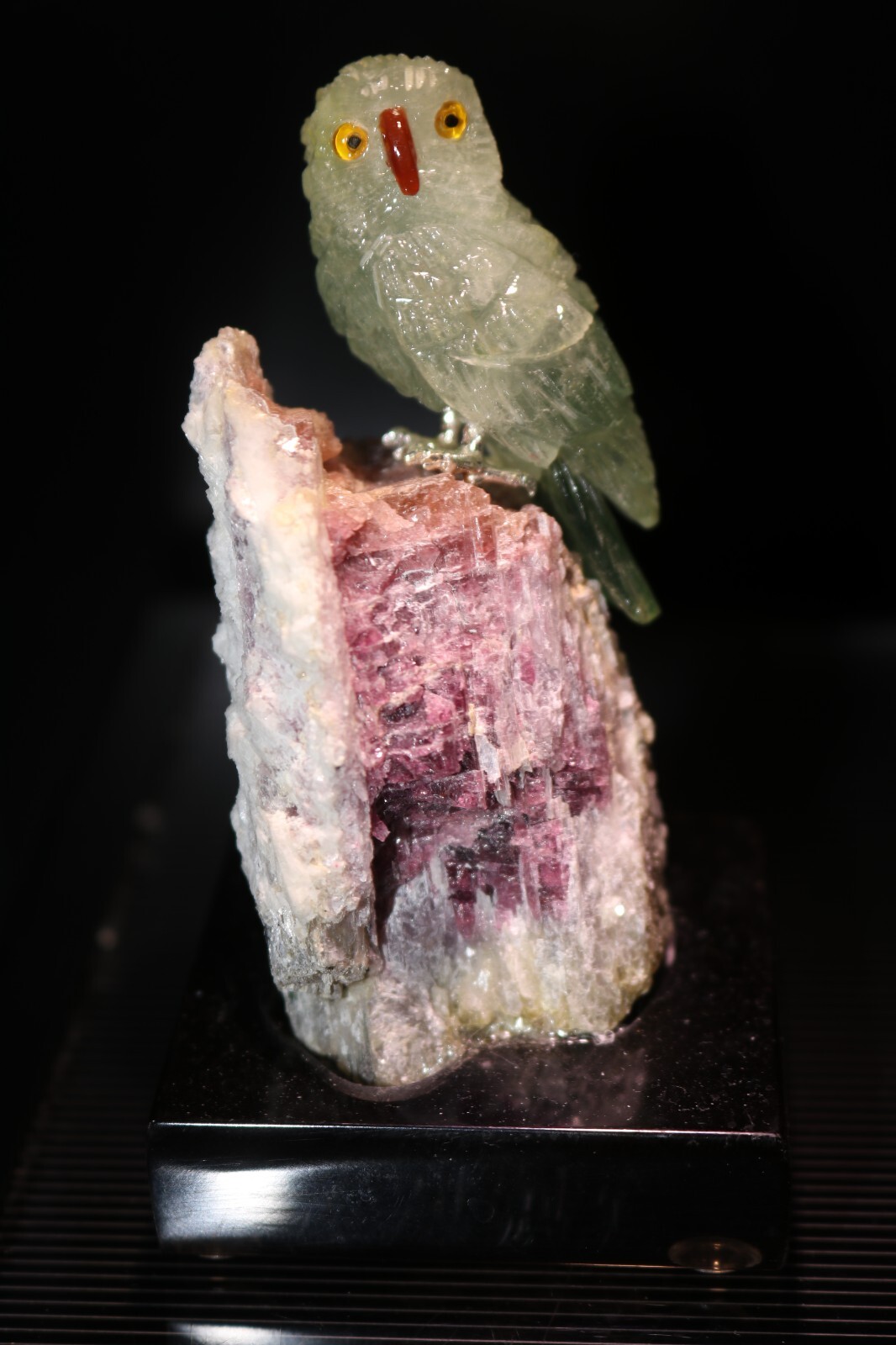 Peter Muller Hand Carved Blue Calcite Owl on Tourmaline Base 3 1/4\