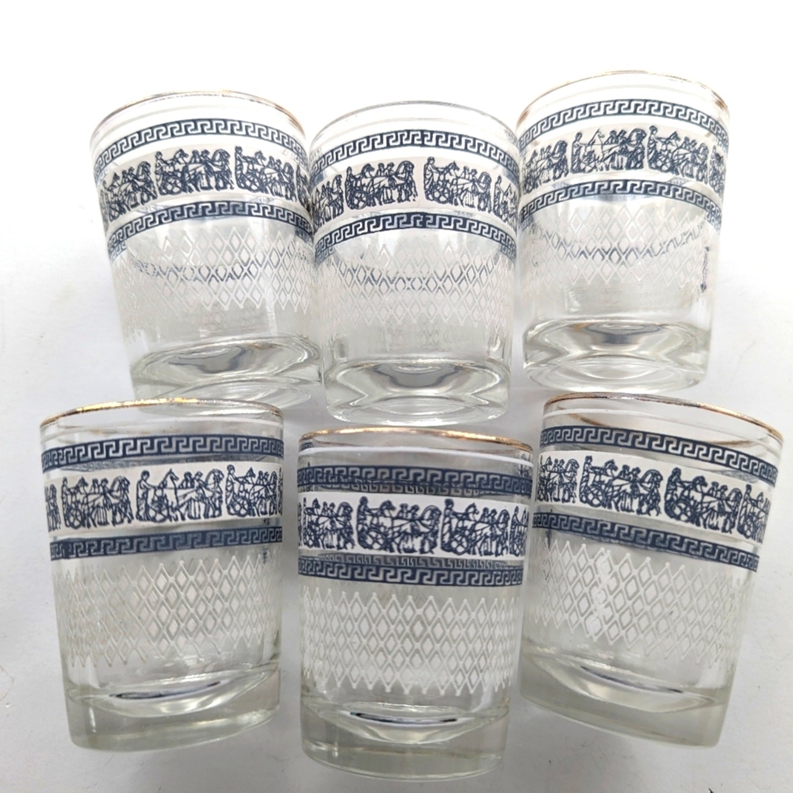 Vintage Jeanette Glass Patrician Greek Key Pattern Hellenic Chariot Shot Glasses