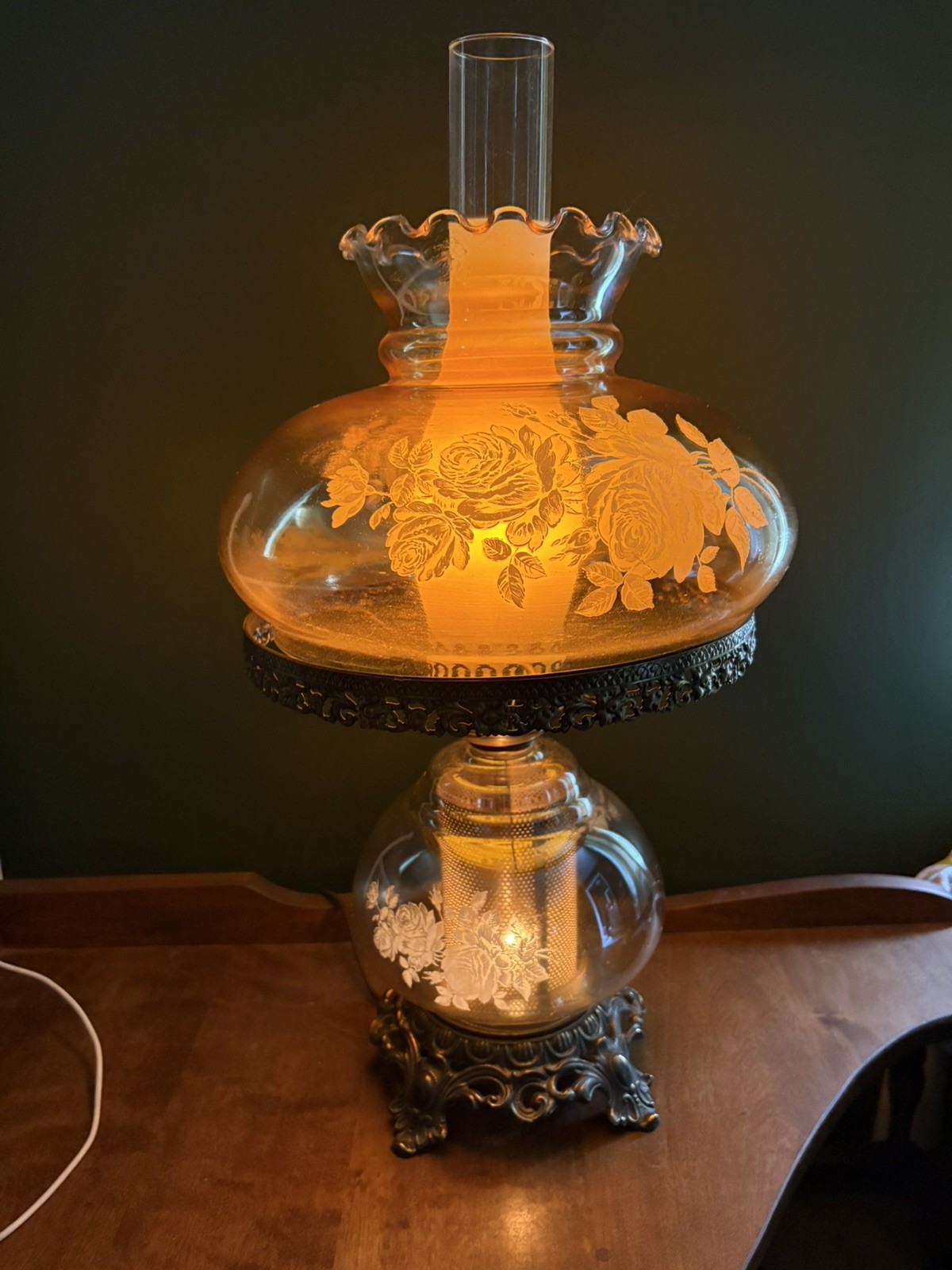 Vintage Hurricane Lamp Clear Smokey Melon Shade with Roses 19\