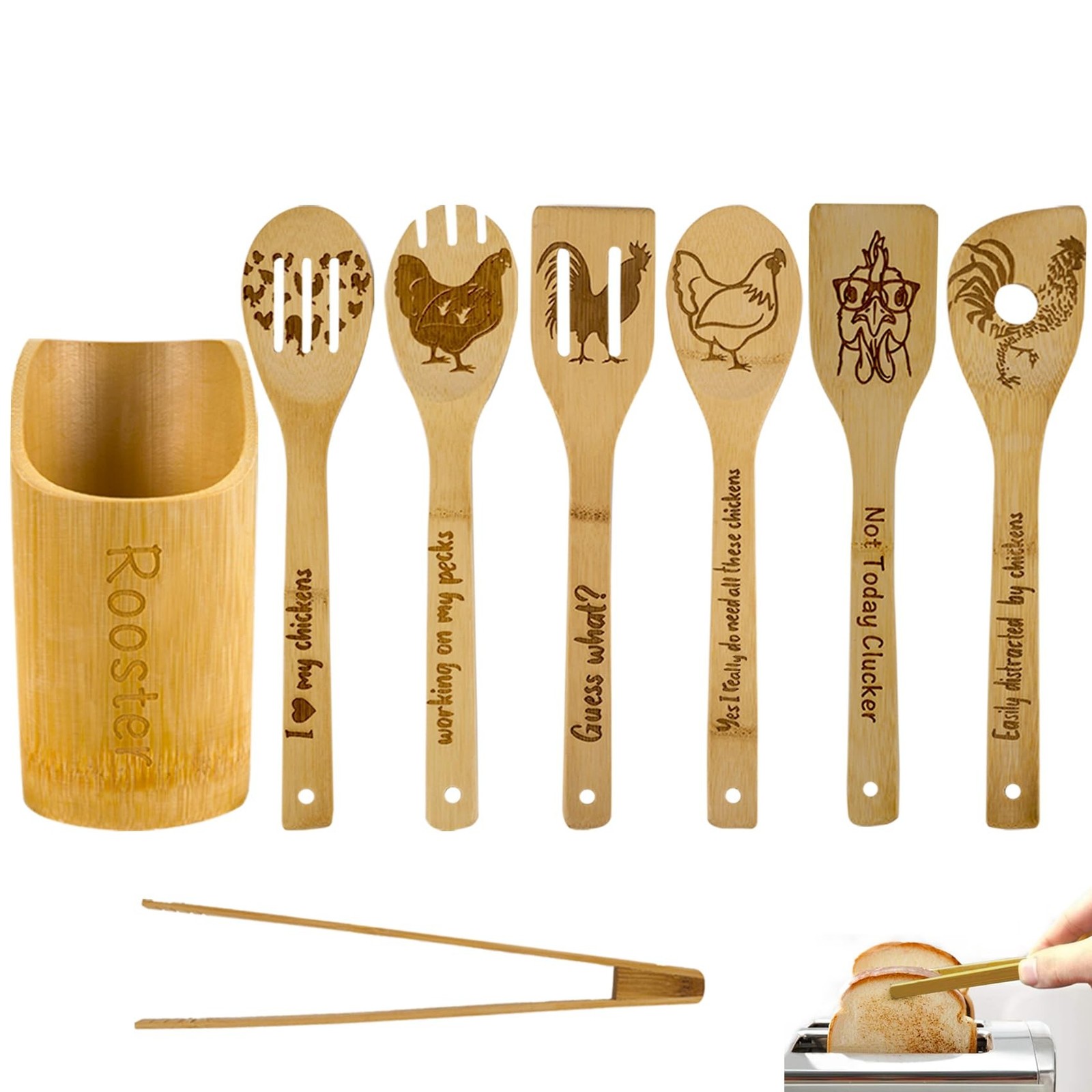 8PCS Wooden Cooking Spoons with Holder - Rooster Kitchen Decor, Farmhouse Sty... 8PCS Wooden Cooking Spoons with Holder - Rooster Kitchen Decor, Farmhouse Sty...