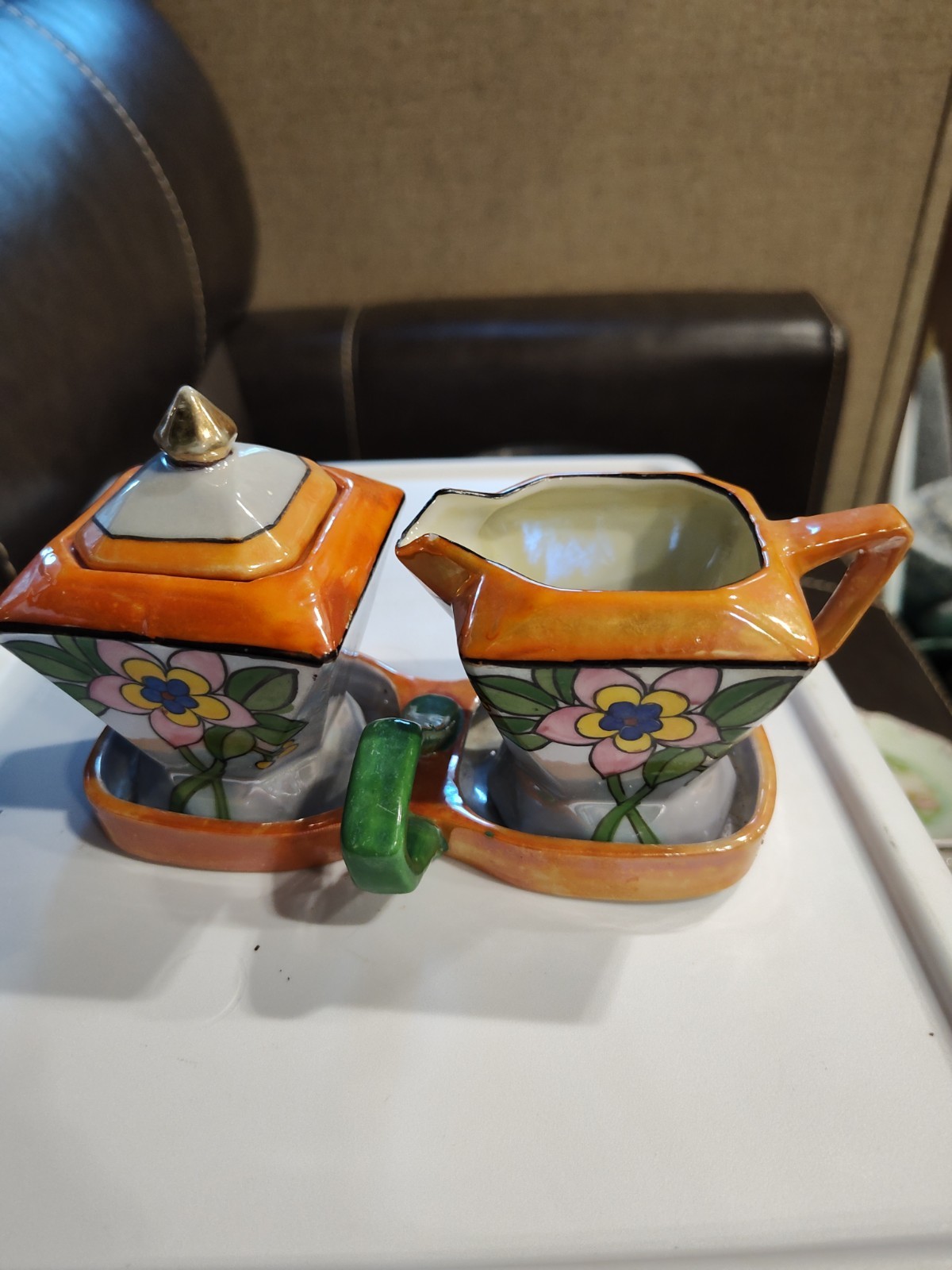 Vintage 3 Piece Lusterware Creamer & Sugar Set With Caddy Made In Japan Vintage 3 Piece Lusterware Creamer & Sugar Set With Caddy Made In Japan