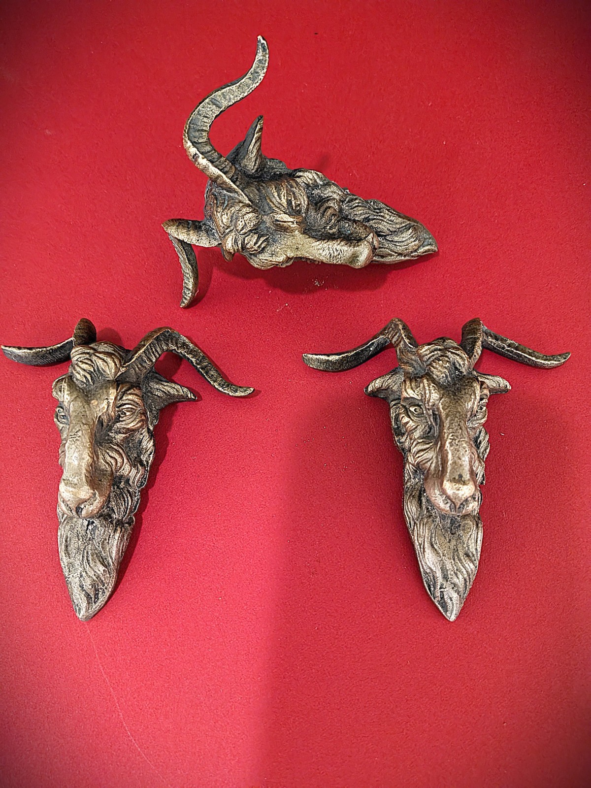 Set of 3 of Bronze Rams Head Furniture Ornaments