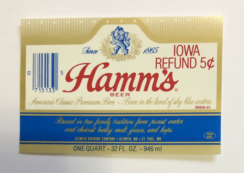 Hamm\'s Beer Label Unused One Quart Olympia Washington State #D11