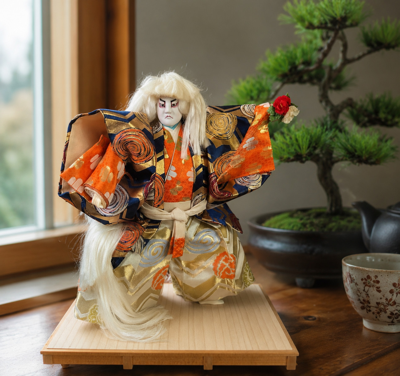 Vintage 16” Japanese/Asian Kabuki Silk Lion Dancer Figure on 14” bamboo platform Vintage 16” Japanese/Asian Kabuki Silk Lion Dancer Figure on 14” bamboo platform