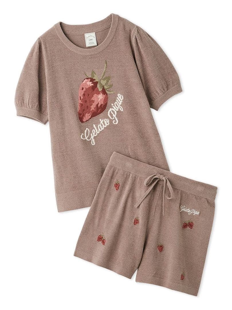 Gelato Pique Airy Moco Strawberry Jacquard Brown Pullover & Shorts Set