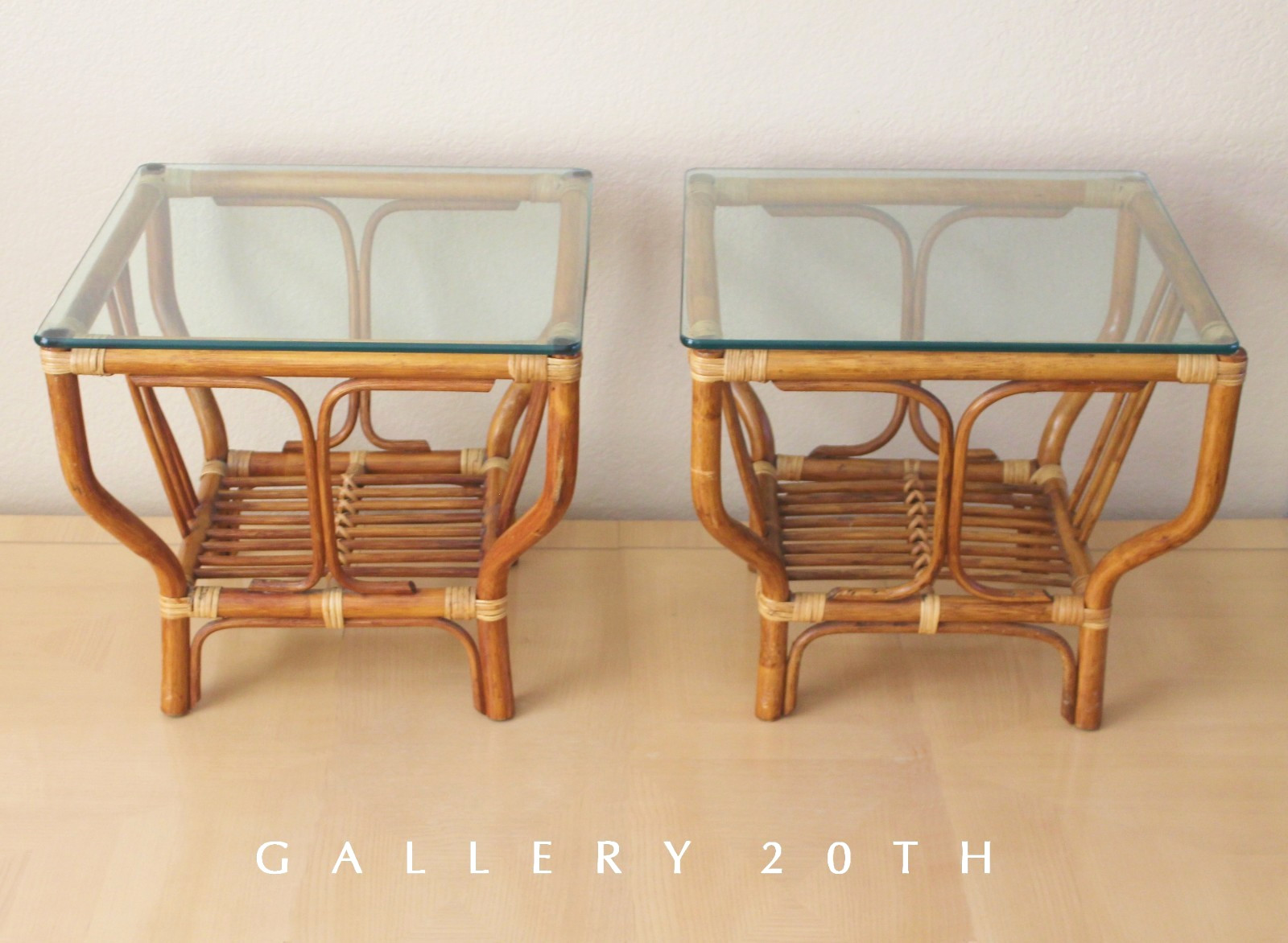PAIR FICKS & REED BAMBOO & WICKER GLASS SIDE TABLES WOOD VTG MID CENTURY MODERN