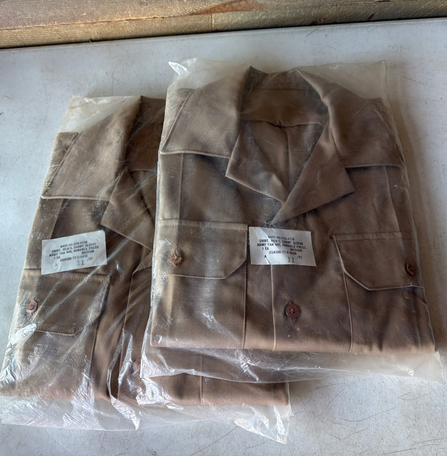 US Army Vintage 1977 Shirt Medium Tan 445 Short Sleeve Uniform Shirts (2) NEW US Army Vintage 1977 Shirt Medium Tan 445 Short Sleeve Uniform Shirts (2) NEW