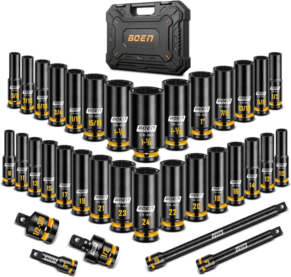 1/2'' Drive Impact Socket Set, 35PCS SAE (3/8 to 1-1/4 Inch) and Metric (8Mm-24M