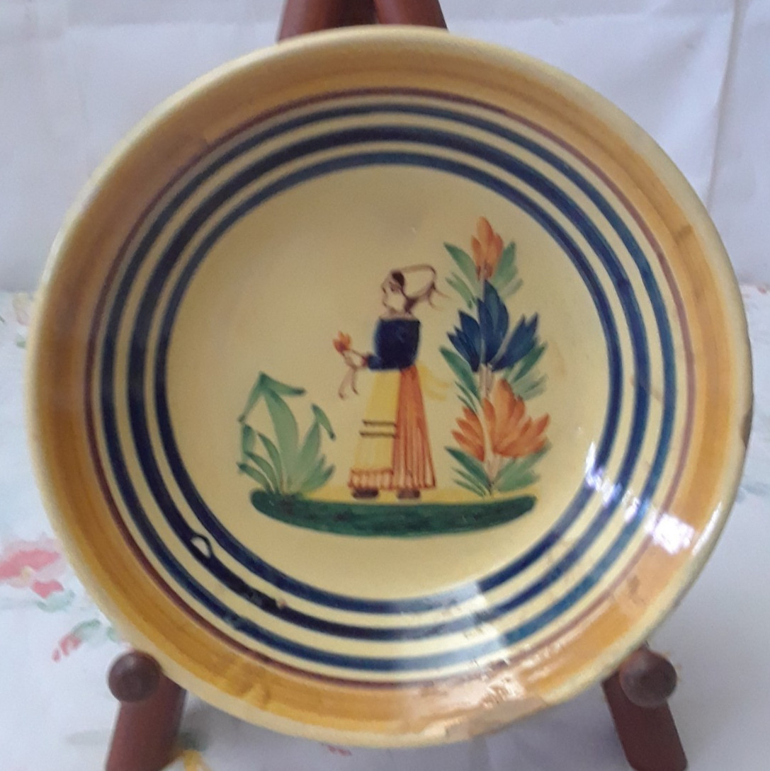Quimper French Antique  Signed by Artist Bowl Woman Holding a Flower