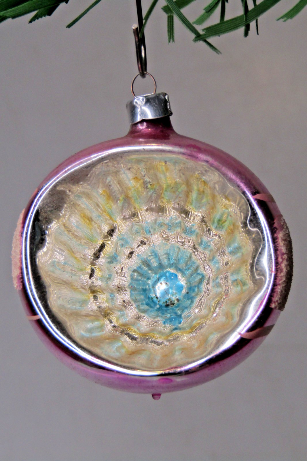 VTG Glass STARBURST Embossed Indent Mica BALL Christmas Ornament Germany Pink