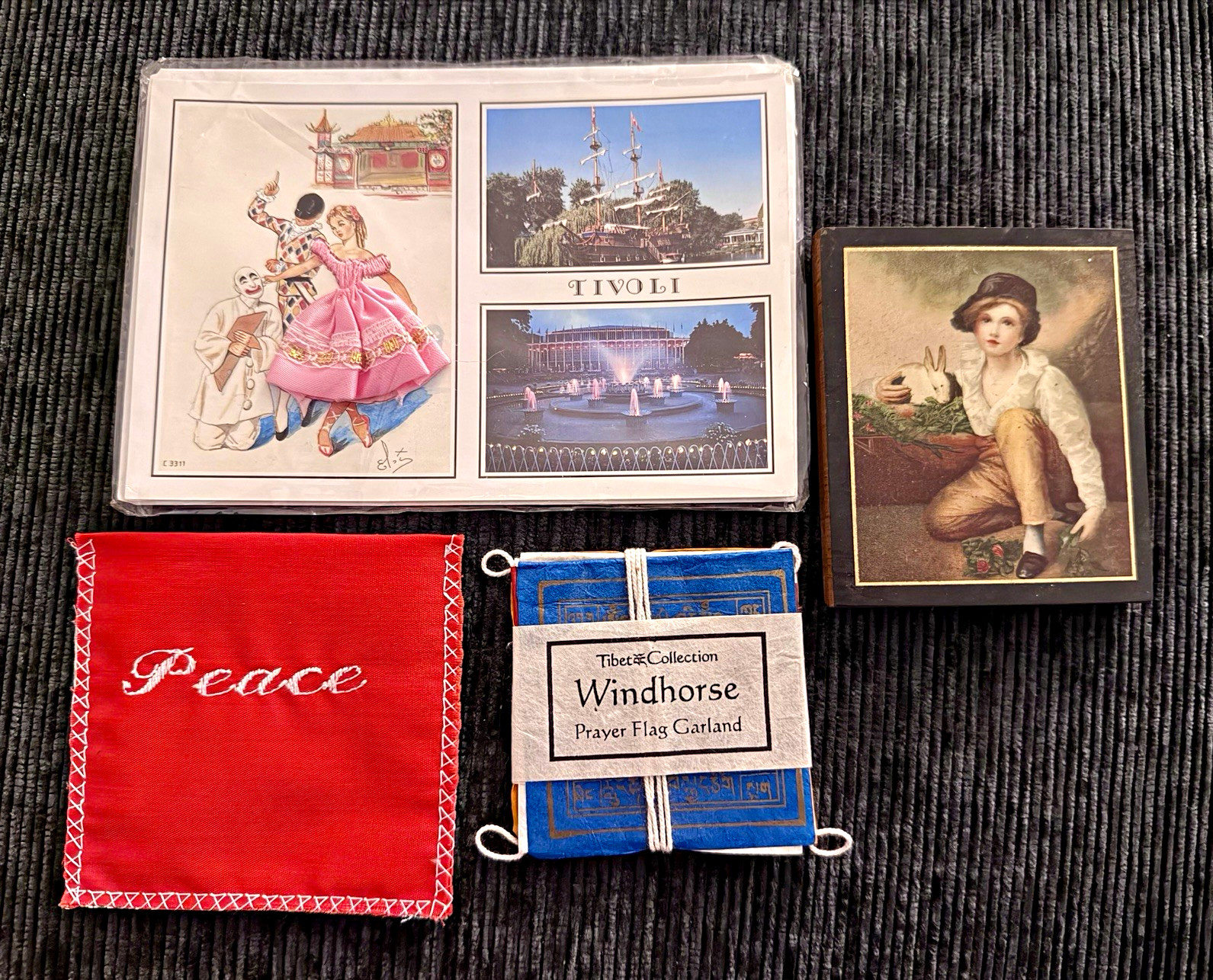 Miniature ‘Boy with Rabbit’ Plaque, Tibetan Prayer Garland, and Souvenir Card