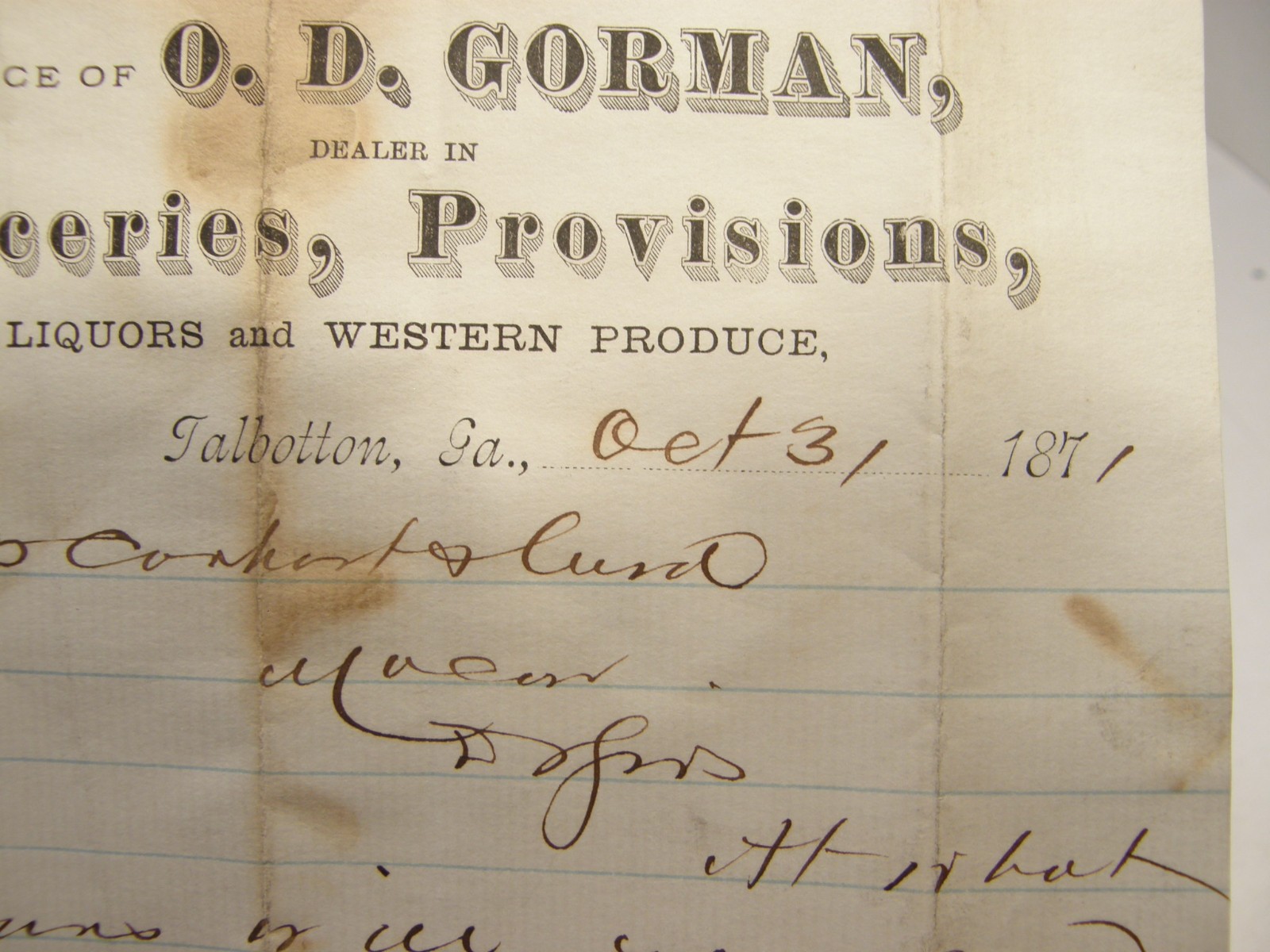 ANTIQUE 1871 LETTERHEAD O D GORMAN GROCER & NEWSPAPER OWNER TALBOTTON GA ANTIQUE 1871 LETTERHEAD O D GORMAN GROCER & NEWSPAPER OWNER TALBOTTON GA