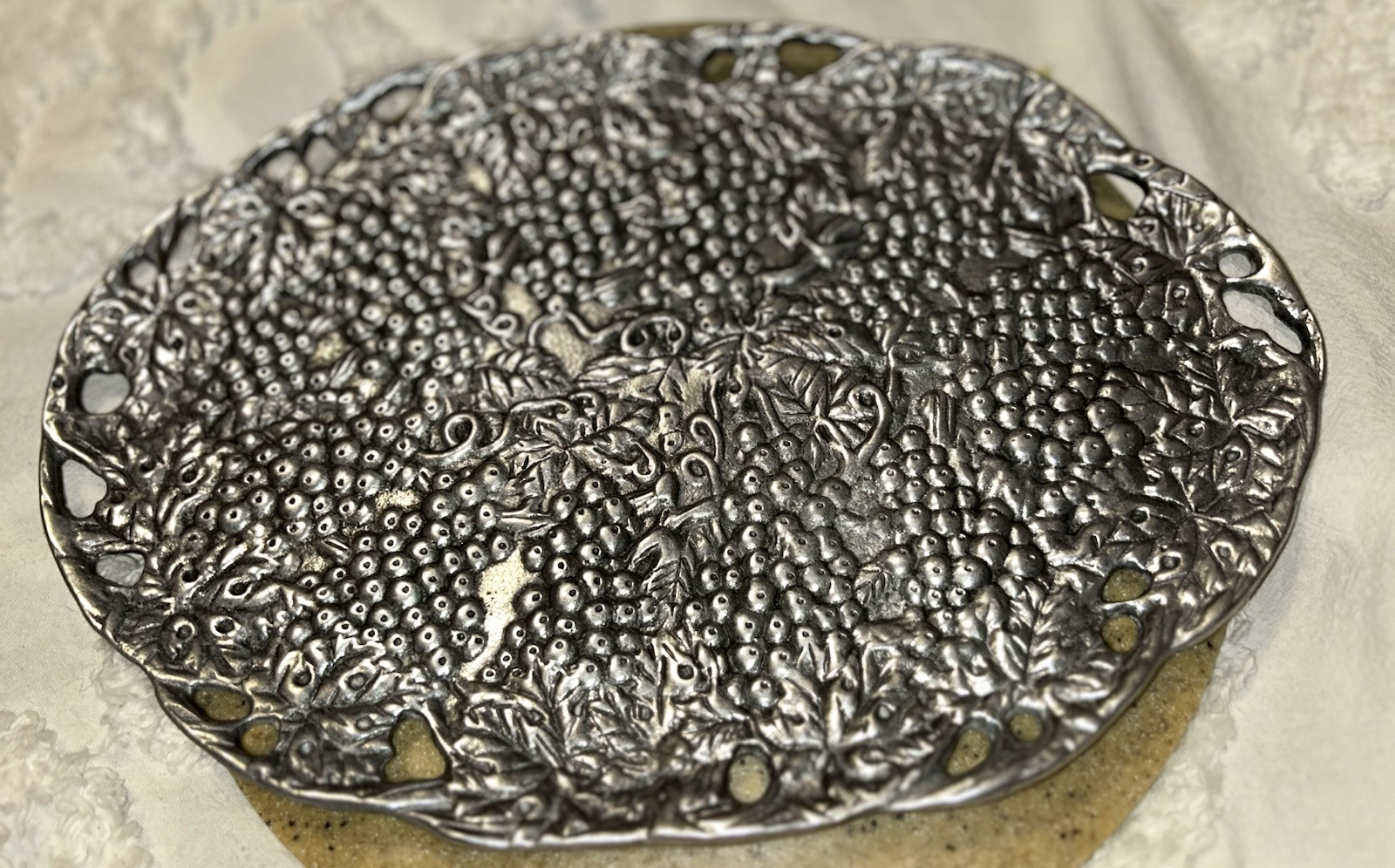 Vtg Pewter Serving Tray with Grapes Motif Made in Argentina by Peltrina