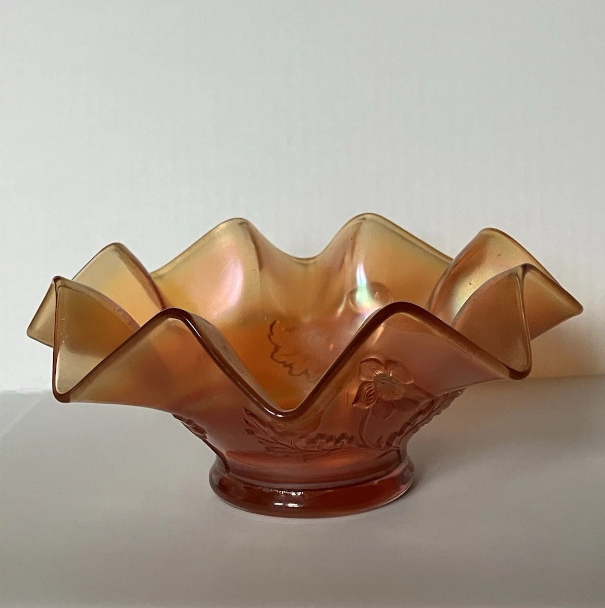 Vintage Dugan Marigold Iridescent Carnival Glass Bowl Triplets Floral 7x 3.5 In.
