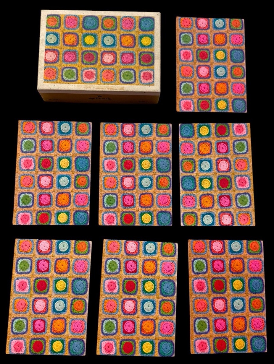 UNUSED SET 7 Vintage Hallmark Afghan Crochet Granny Square Blank Greeting Cards