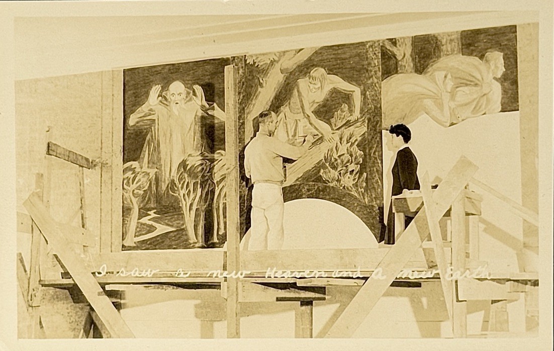 Vintage RPPC Postcard WPA Era Mural Painting Scaffolding \