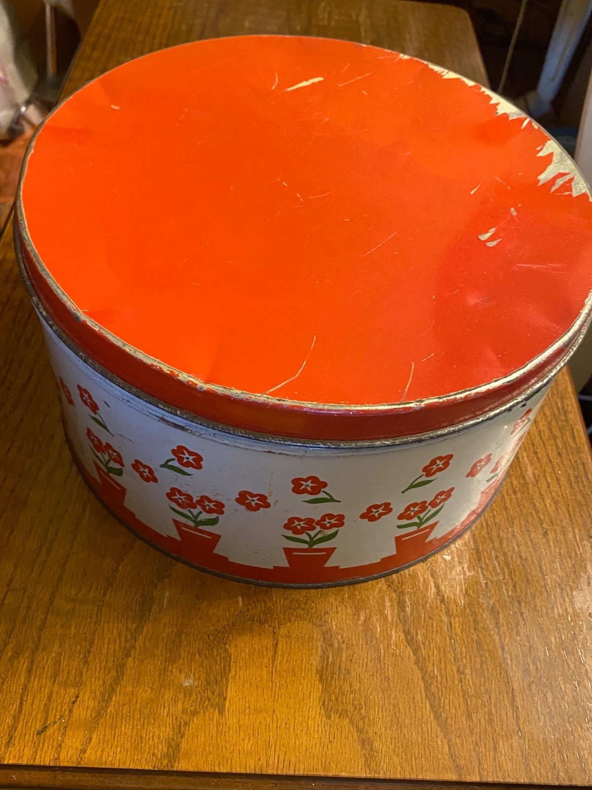 Vintage FFV Cookie Tin w/ Red/Green Floral Design & Bright Red Lid (1940s)