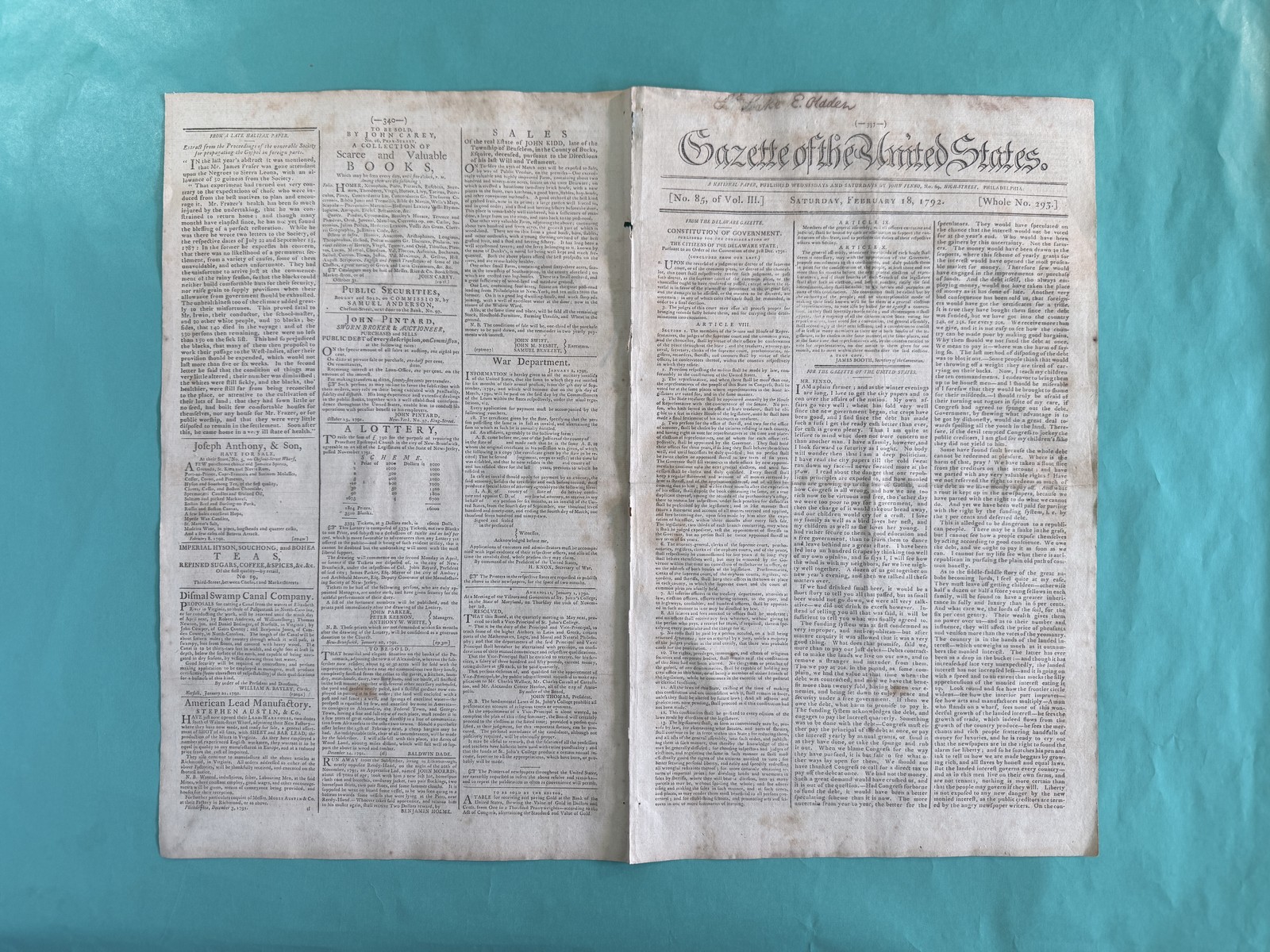 1792 Gazette of the United States Feb 18 Philadelphia Henry Knox