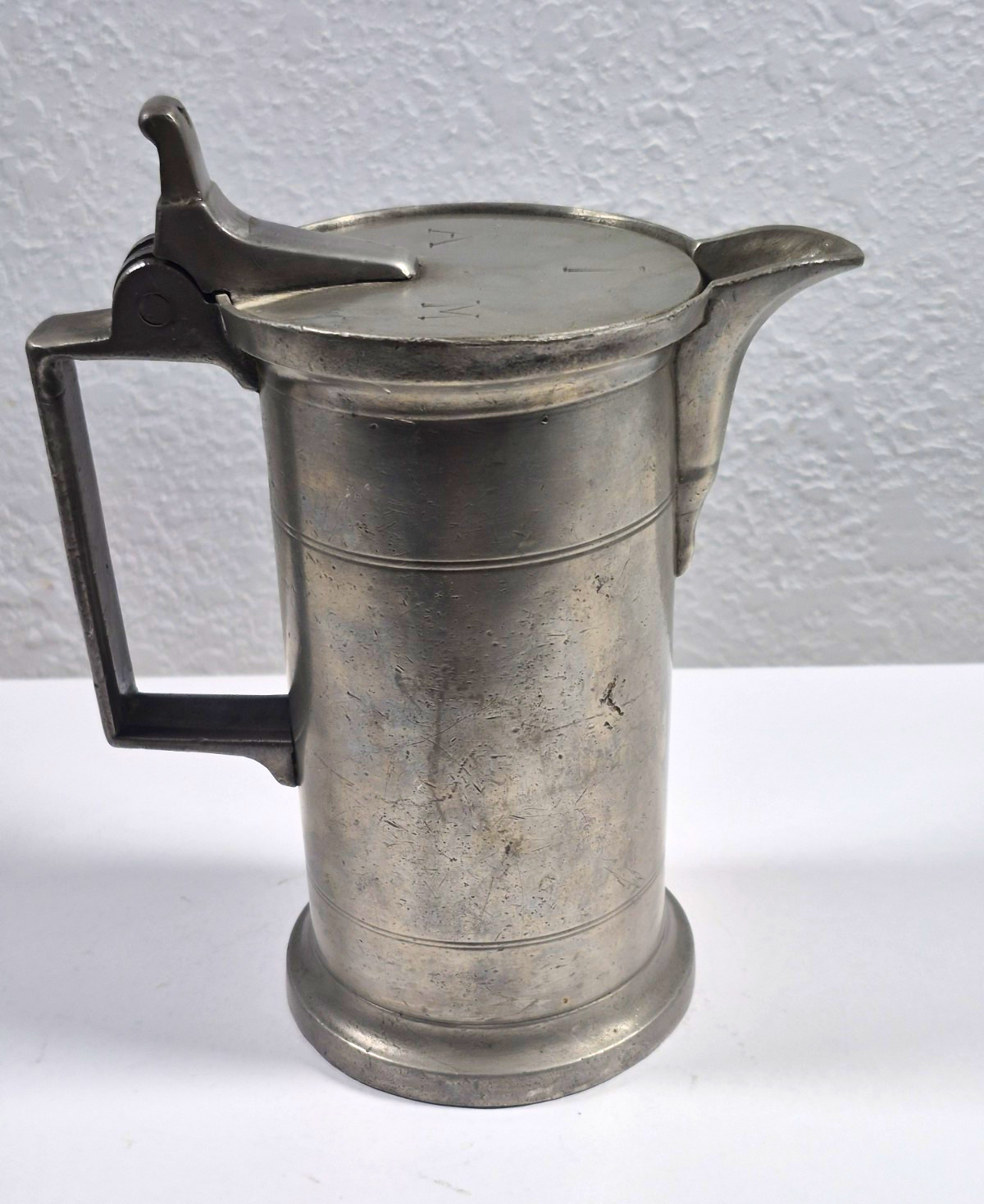 Antique 19thC French Pewter Wine Measure Flagon Pitcher Rogerol Douai Stamp 1L