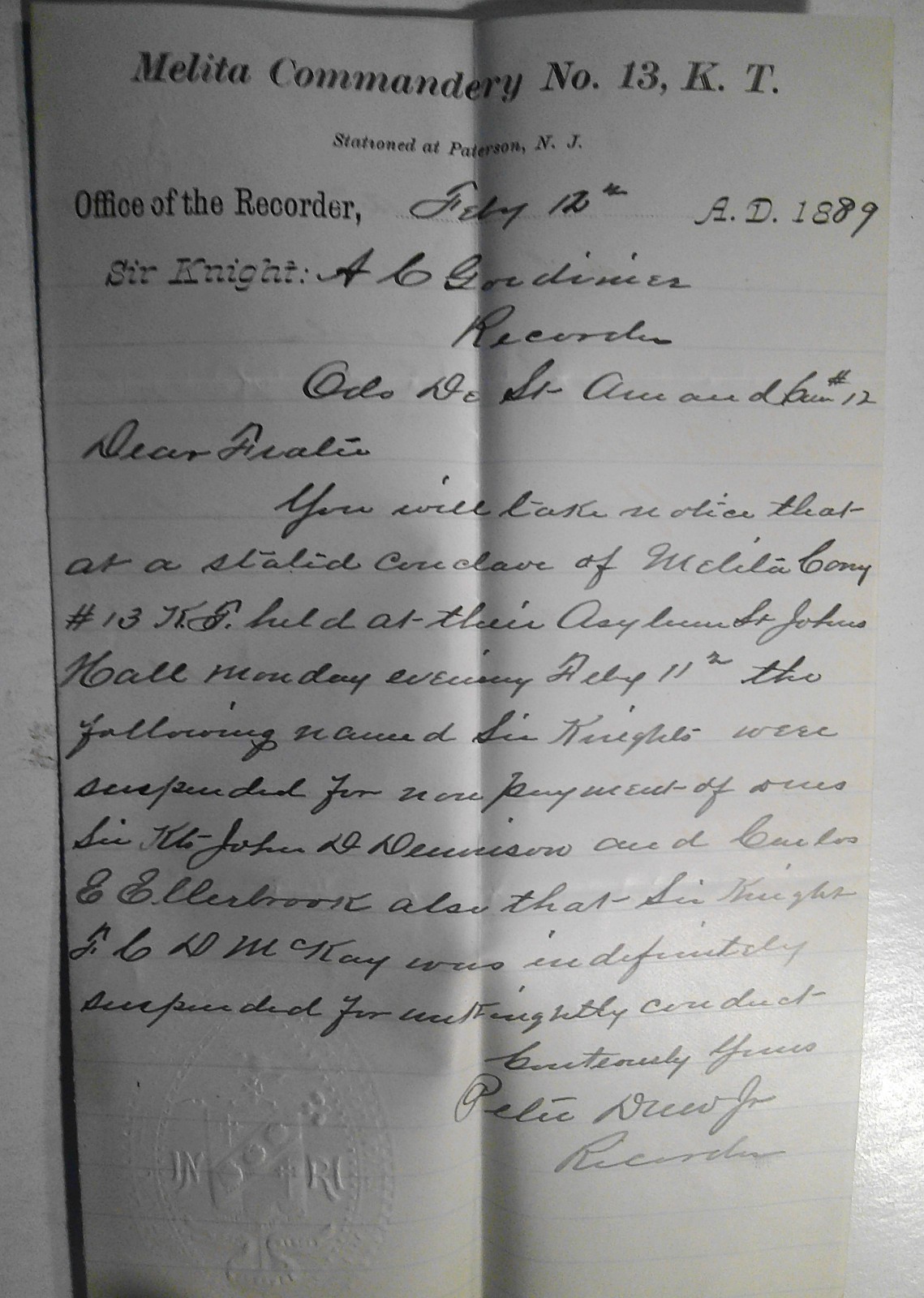 1889 Handwritten Letter NJ Knights Templar Melita No 13 Unknightly Conduct 1889 Handwritten Letter NJ Knights Templar Melita No 13 Unknightly Conduct