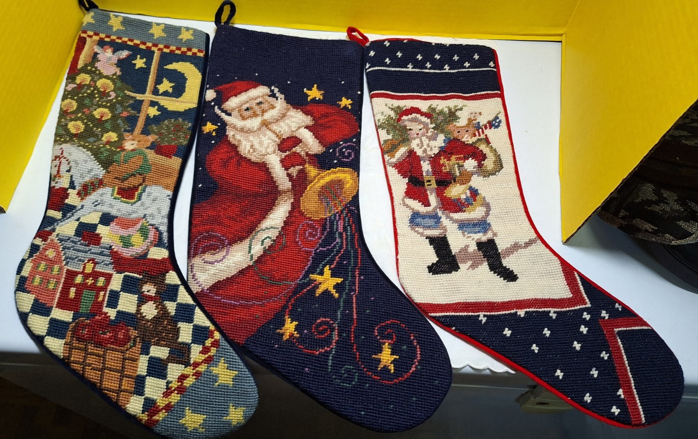 Vtg Wool Needlepoint Christmas Stockings Lot 3 Santa Nutcracker Velvet Backing