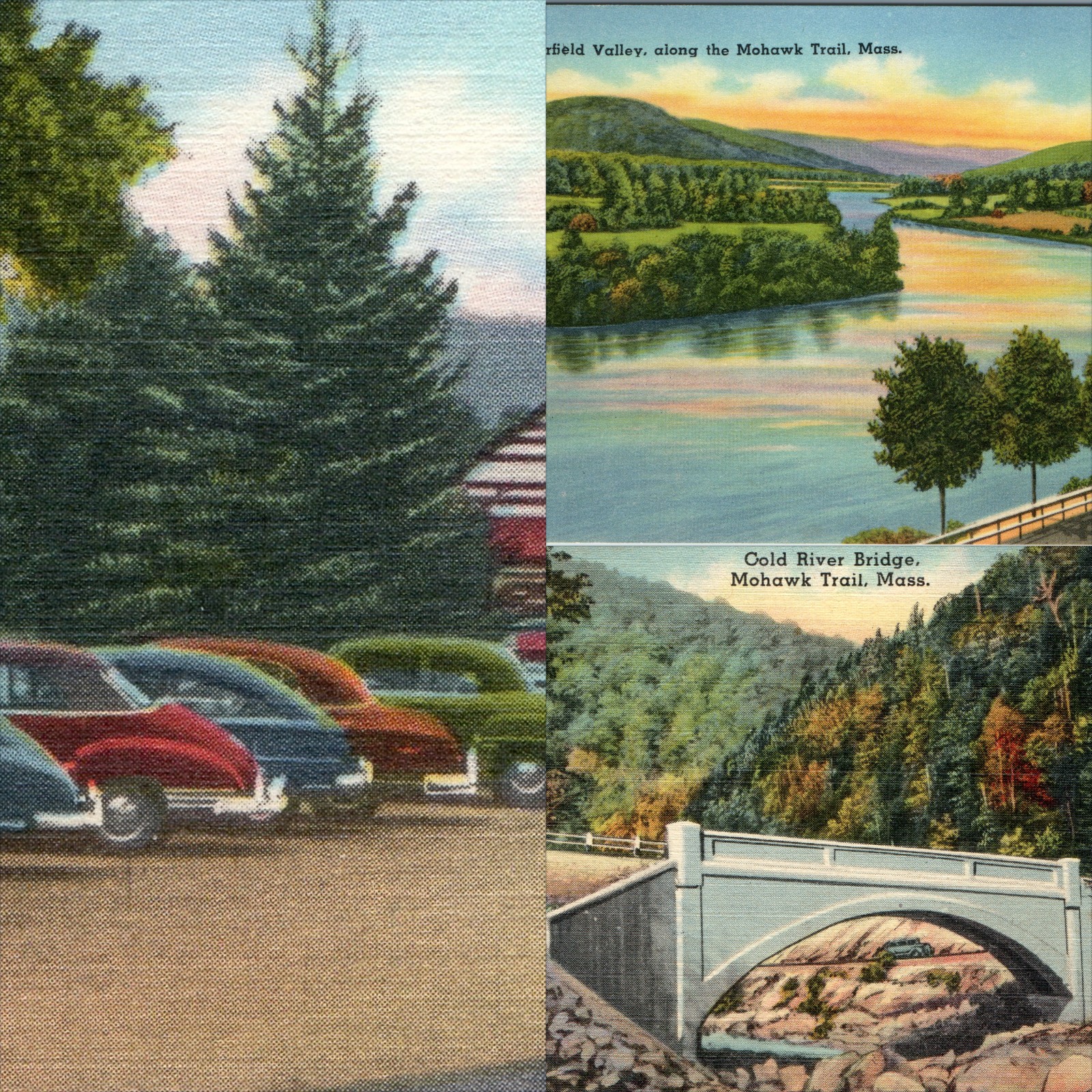 x3 LOT c1940s Mohawk Trail MA Postcard Indian Plaza Cold River Deerfield Valley x3 LOT c1940s Mohawk Trail MA Postcard Indian Plaza Cold River Deerfield Valley