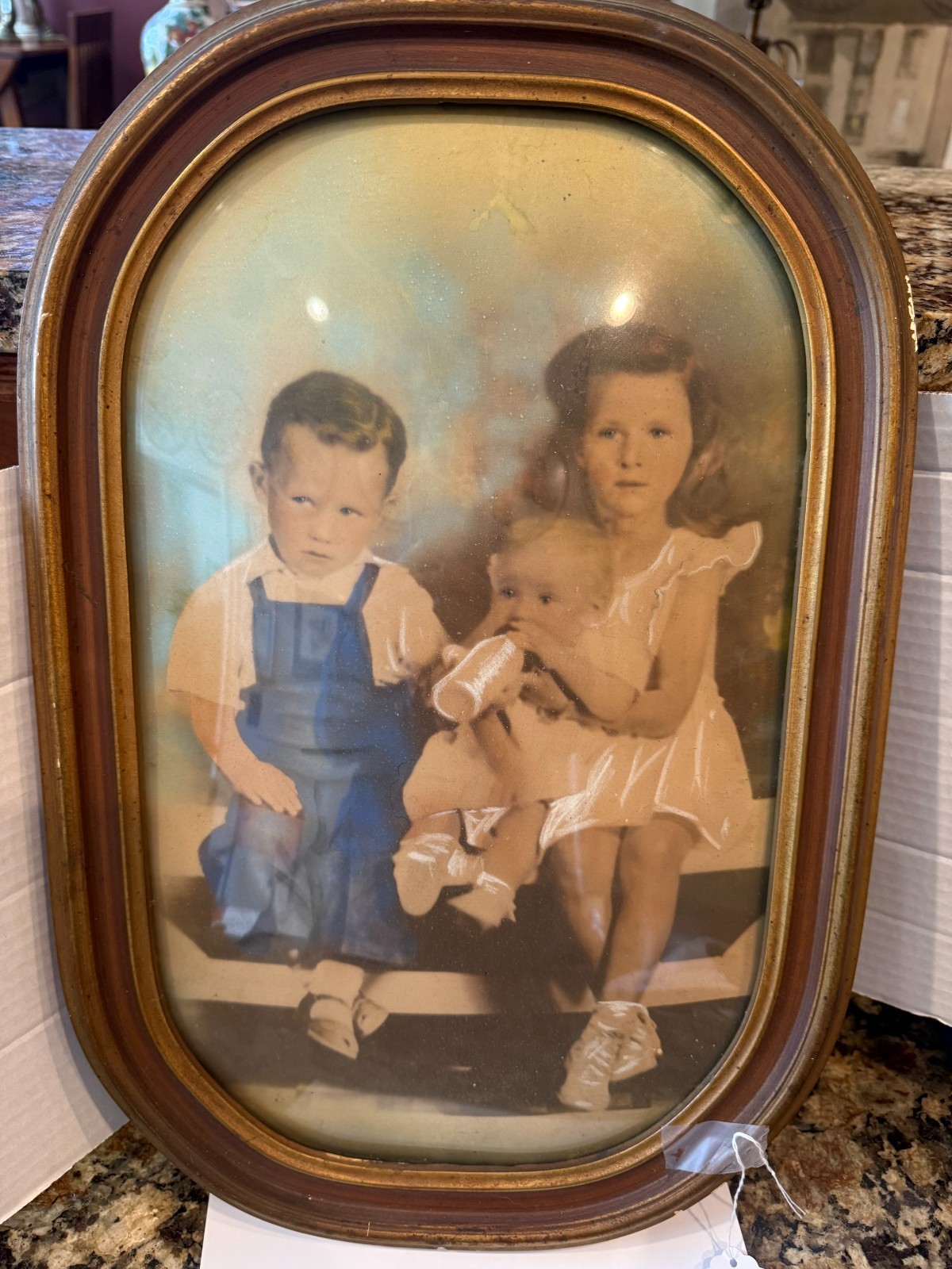 Vintage Large Oval Hand Tinted Portrait - Oval Wood Frame - Convex Bubble Glass