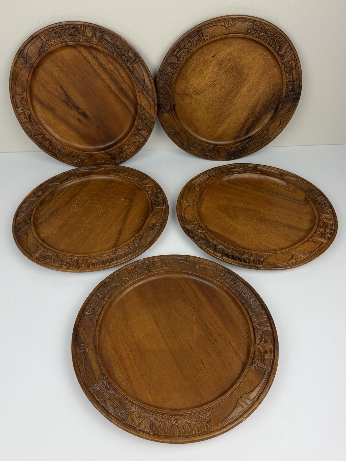 5 Vtg. Mabuhay Hand Carved Nalla Wood Plate Hilton Phillipines Tiki Charger