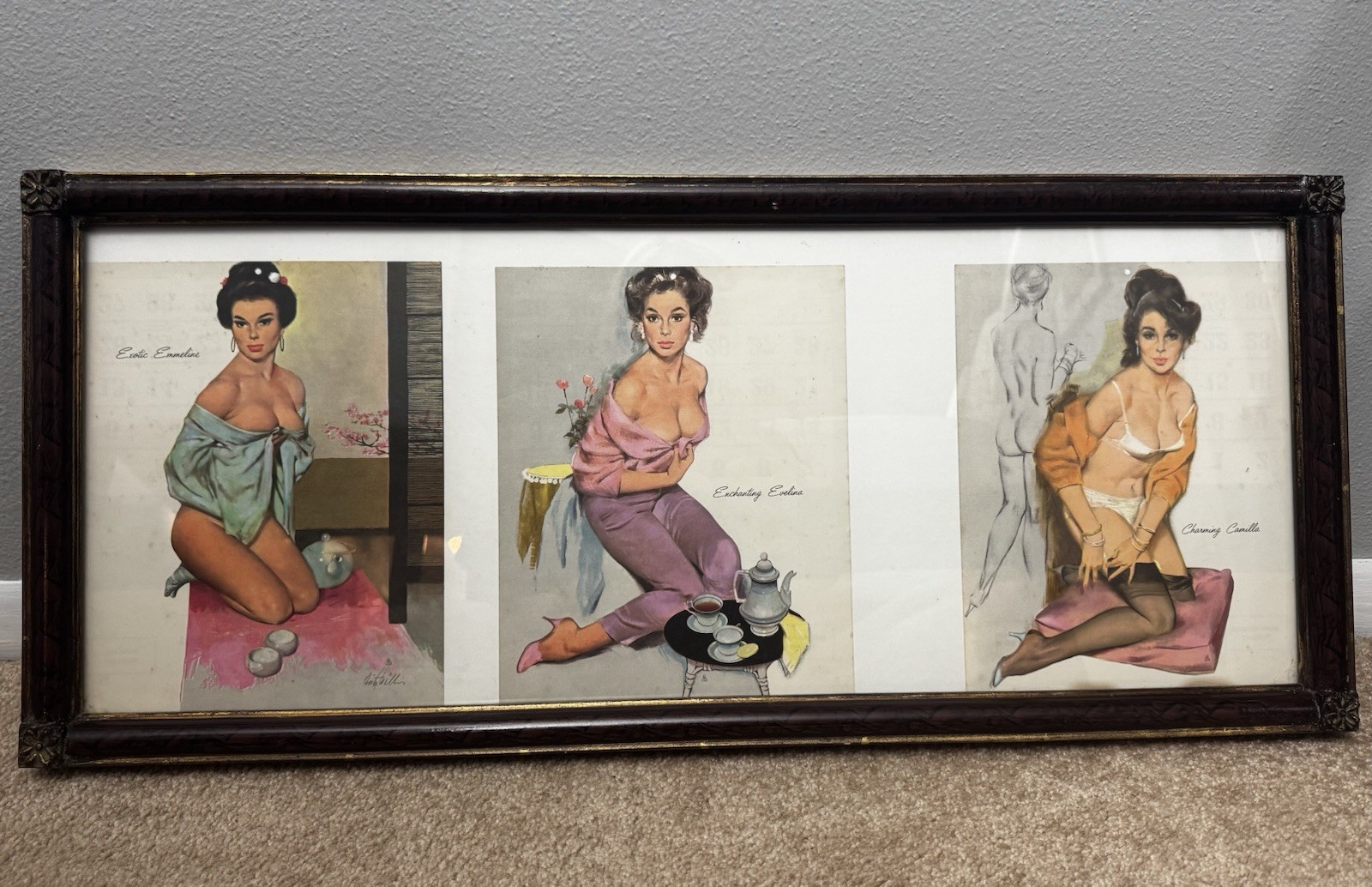 Vintage 3 Pin Up Art Prints Framed By Fritz Willis Wall Hanging 1900s 27”x12”