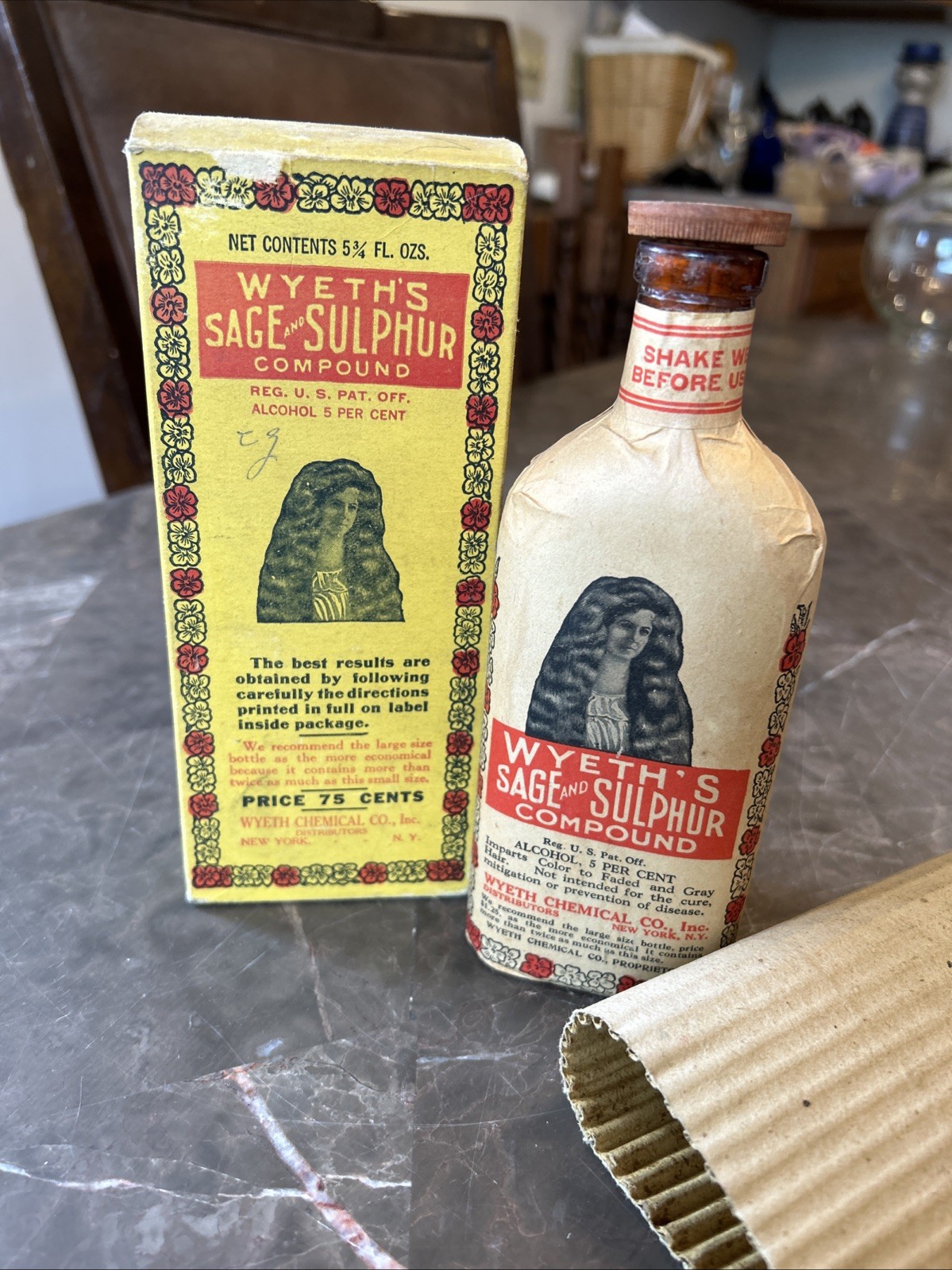 Vintage Wyeth’s Sage and Sulphur Hair Compound Bottle w Box Antique EXC