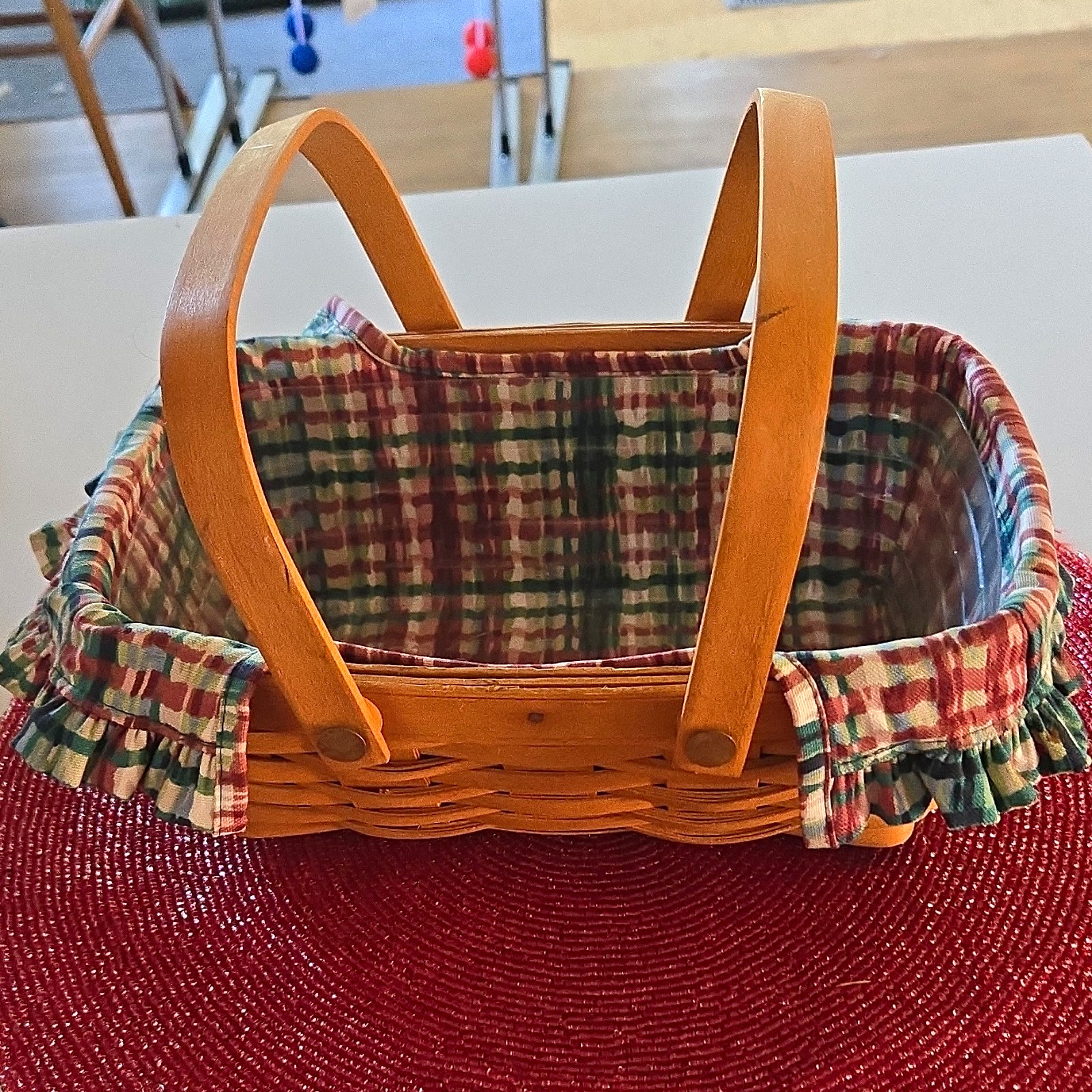 Longaberger 2000 Woven Memories Storage Basket w/ Liner, Handle Plaid