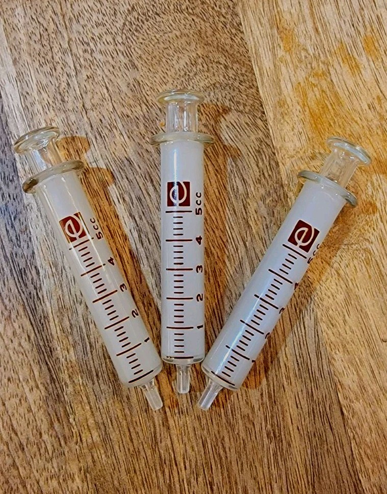 Lot Of 3 Vintage  5cc Glass  Syringes, Slip Tip, Medical Laboratory Lot