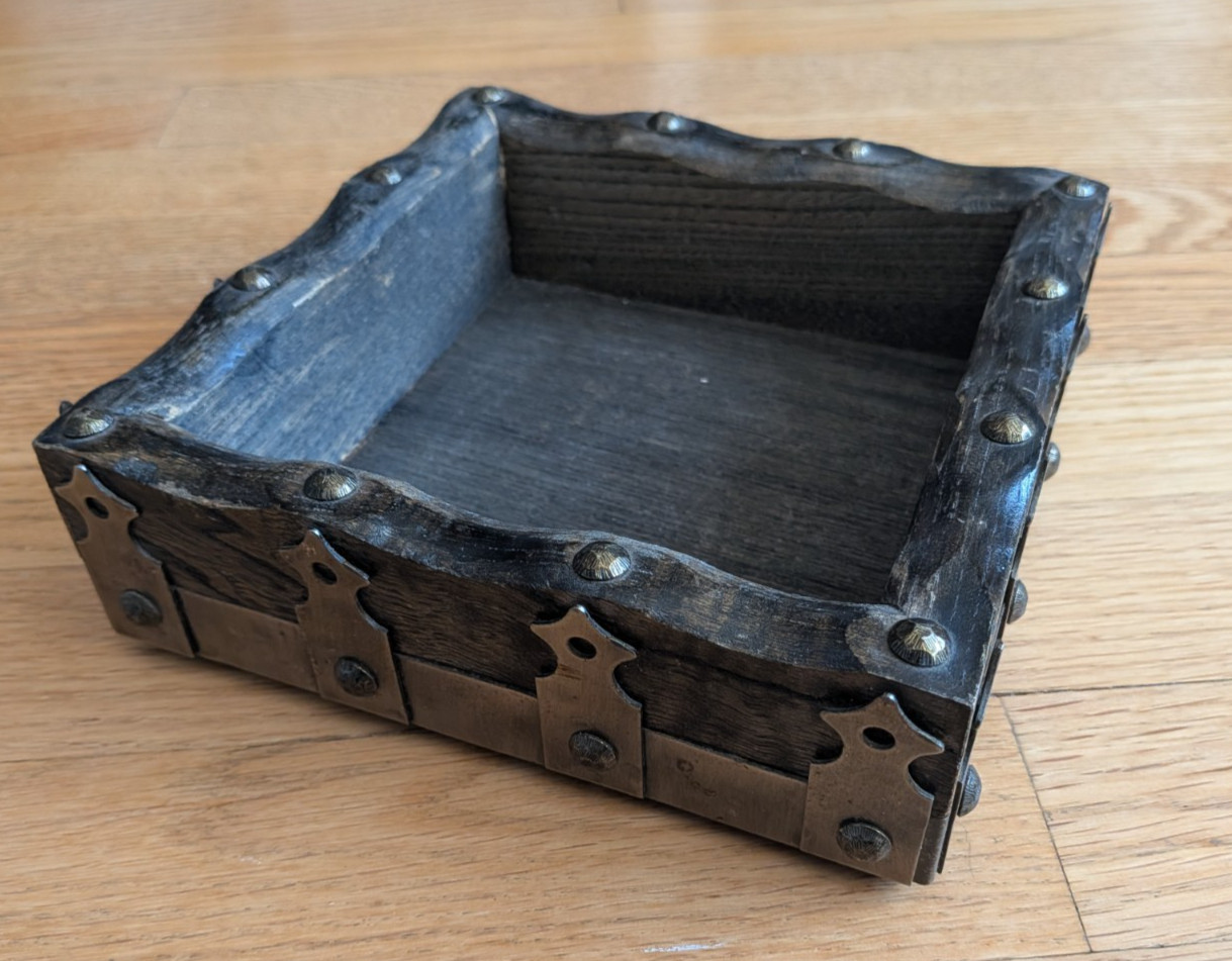 VTG Enesco Mens Wood & Metal Valet Catchall Tray - Brutalist Spanish Revival VTG Enesco Mens Wood & Metal Valet Catchall Tray - Brutalist Spanish Revival