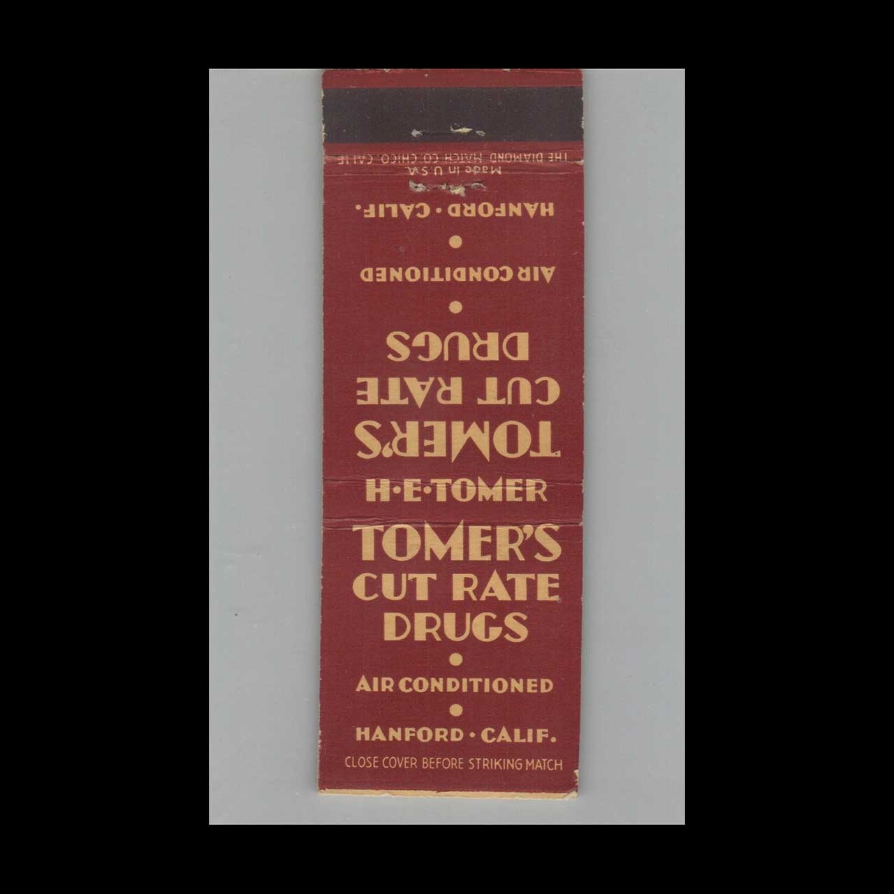 Matchbook Cover Tomer's Cut Rate Drugs Hanford CA Matchbook Cover Tomer's Cut Rate Drugs Hanford CA