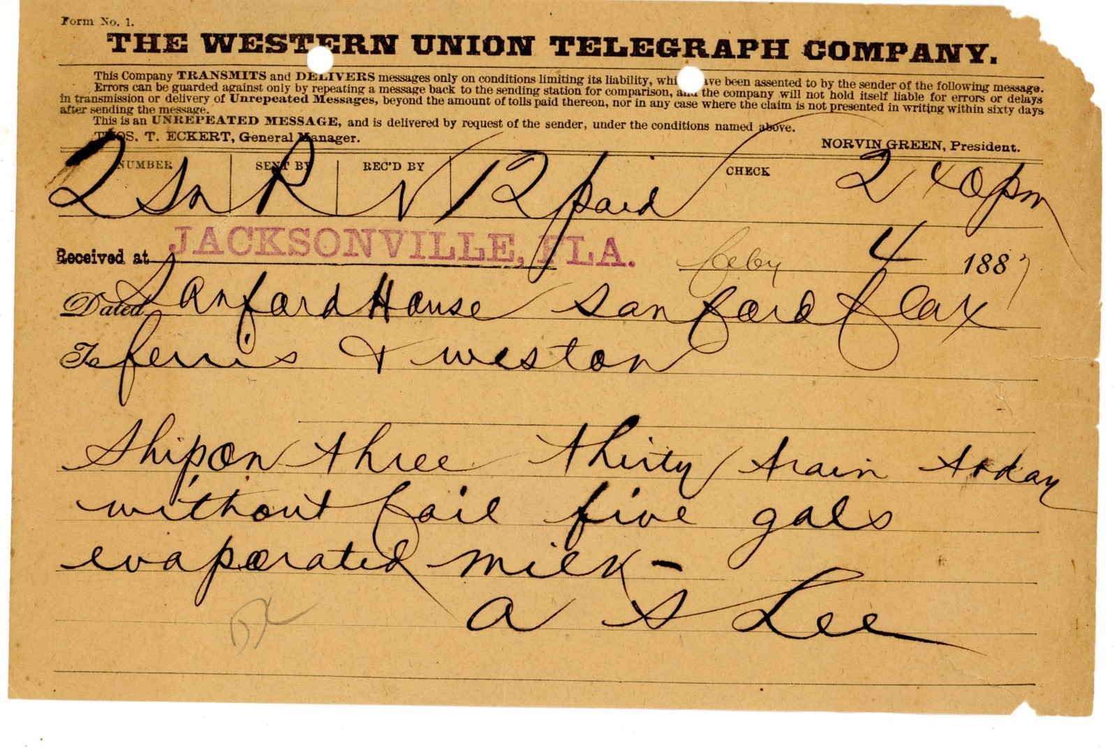 1887 Western Union Telegram Jacksonville FL 2 Sanford Ship on three-thirty train 1887 Western Union Telegram Jacksonville FL 2 Sanford Ship on three-thirty train