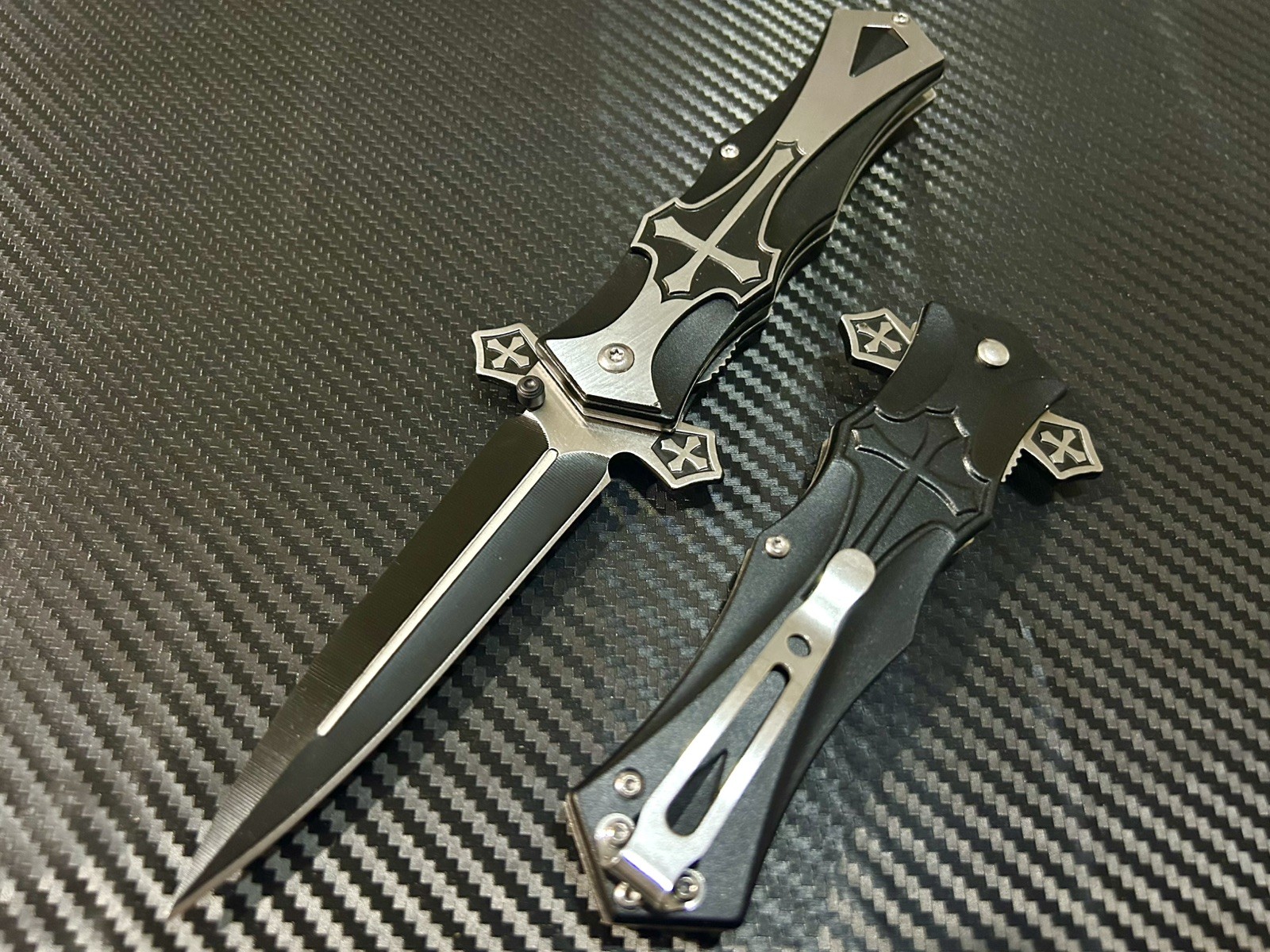9” Black Cross Knife Tactical Spring Assisted Open Blade Folding Pocket Knife