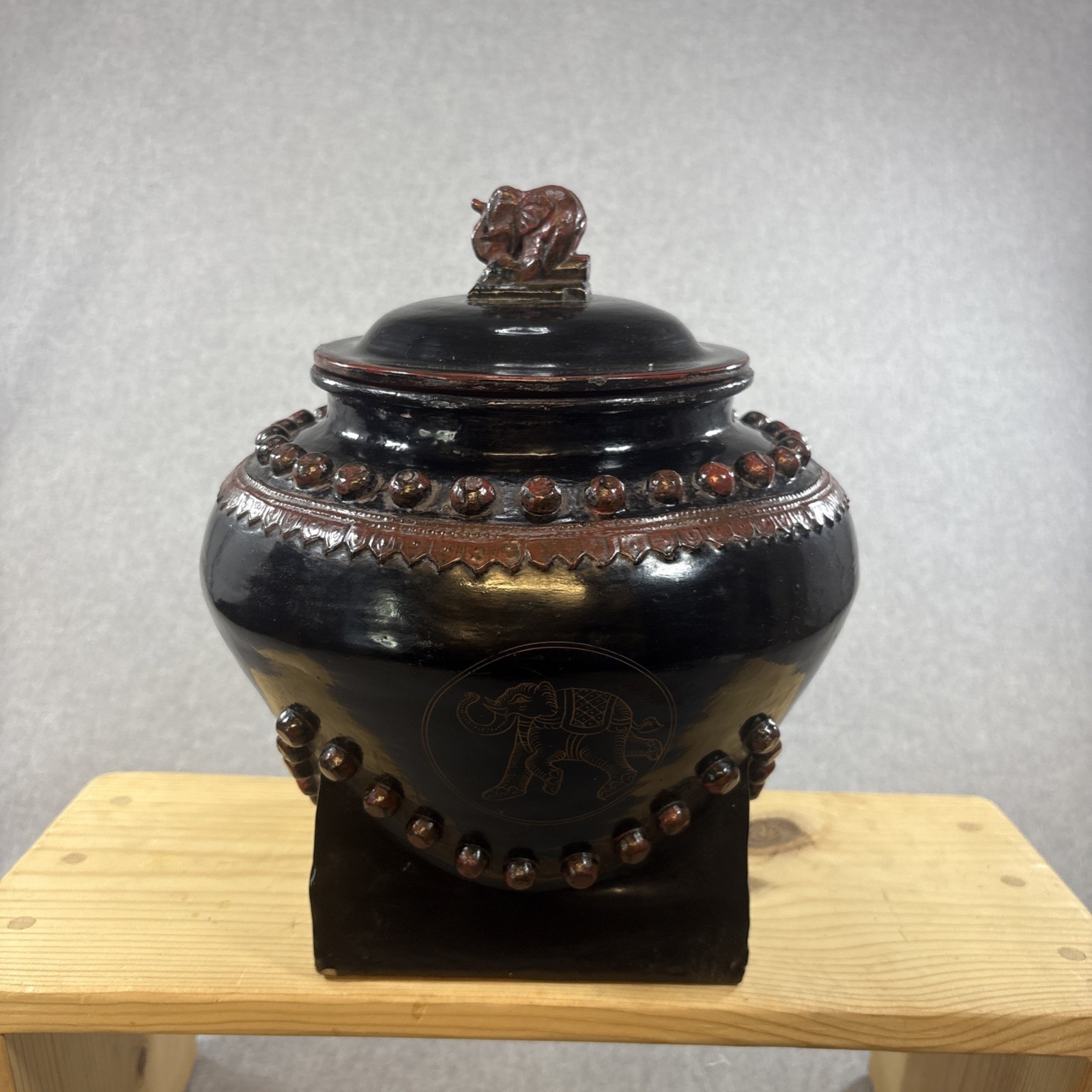 Vintage Burmese Black Lacquer Lidded Urn Vase with Elephant Finial