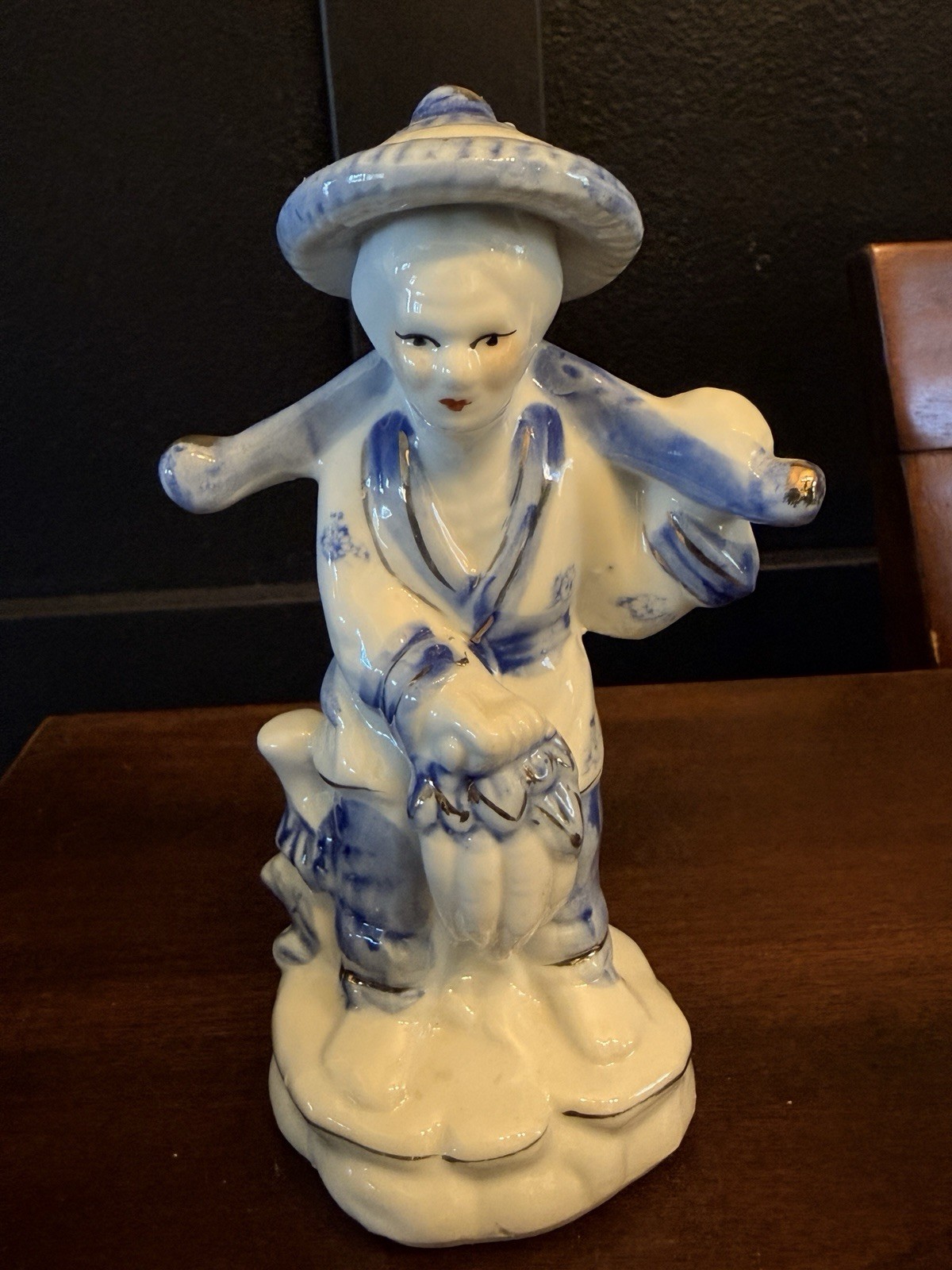 Sweet Vintage Blue & White Porcelain Figurines Woman Fishing Villagers 6”