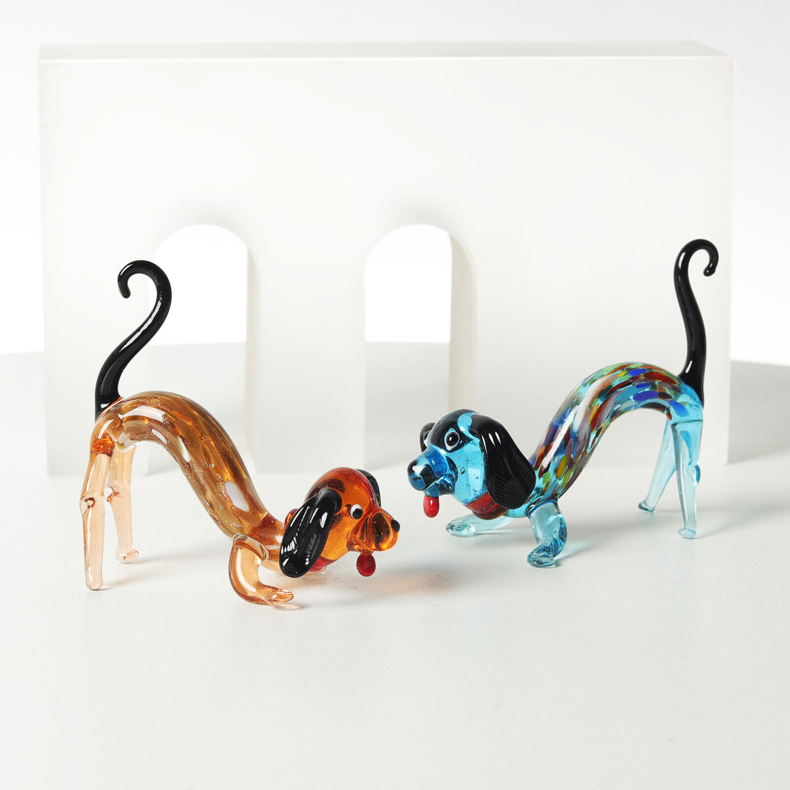 2Pcs Color Crystal Dachshund Dog Figurine Collectible Blown Glass Dog Ornament