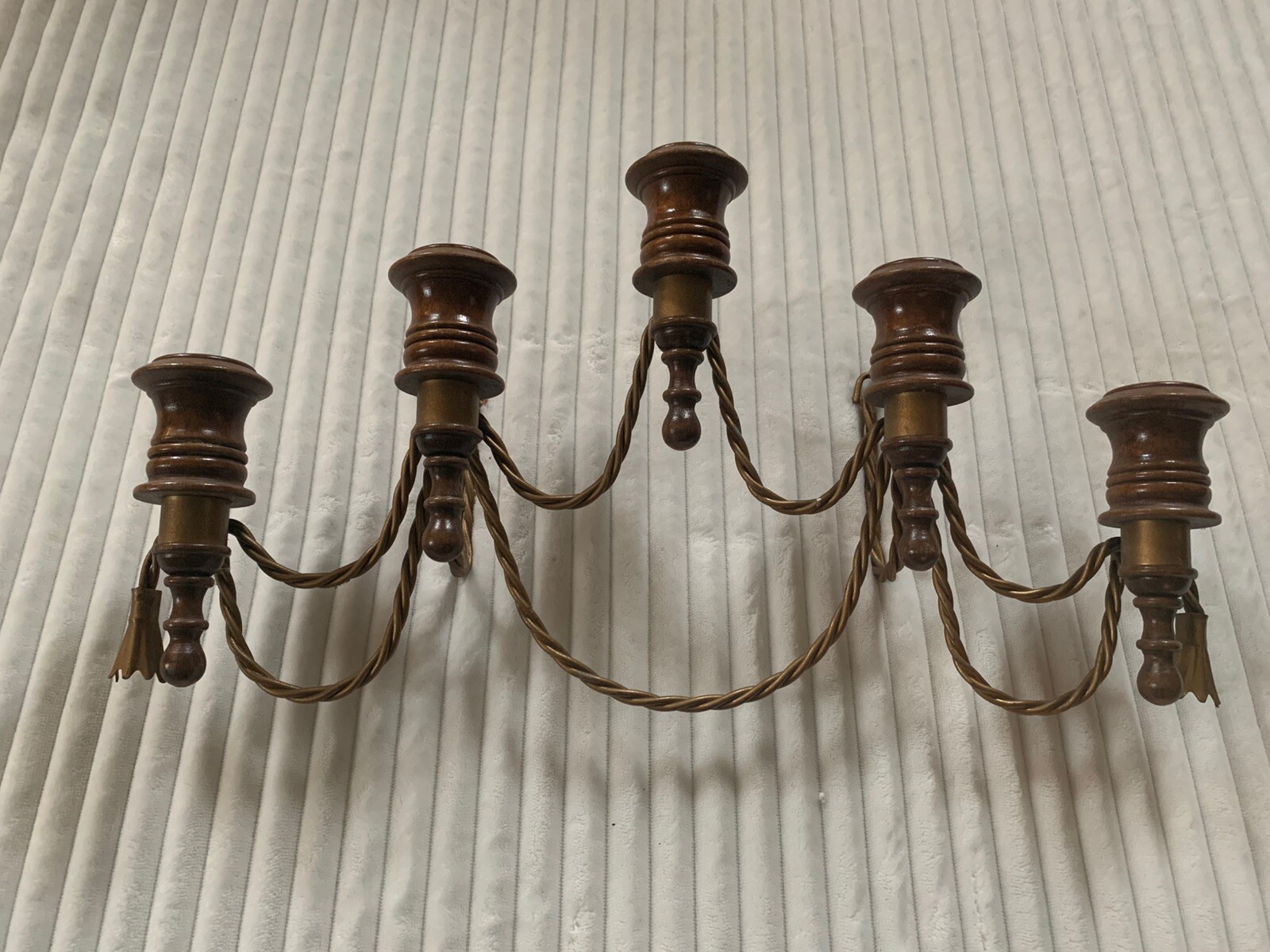 Vintage Coquette Drape & Tassel Brass Metal & Wood Wall Hanging 5 Candle Sconce