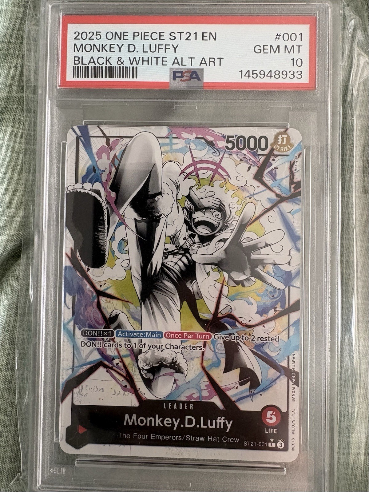 PSA 10 Gem Mint Monkey D. Luffy Black & White Alt Art ST21 EN #001 One Piece