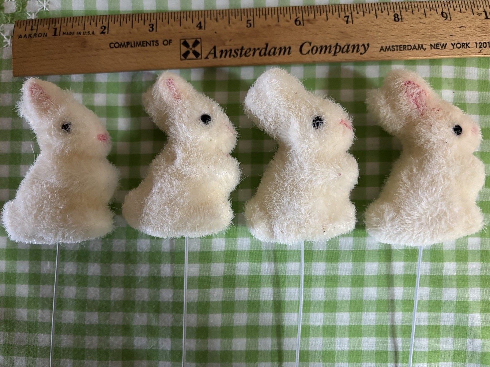Vintage FLOCKED fuzzy Spring Easter Bunny Rabbits FLORAL PICKS  set of 4
