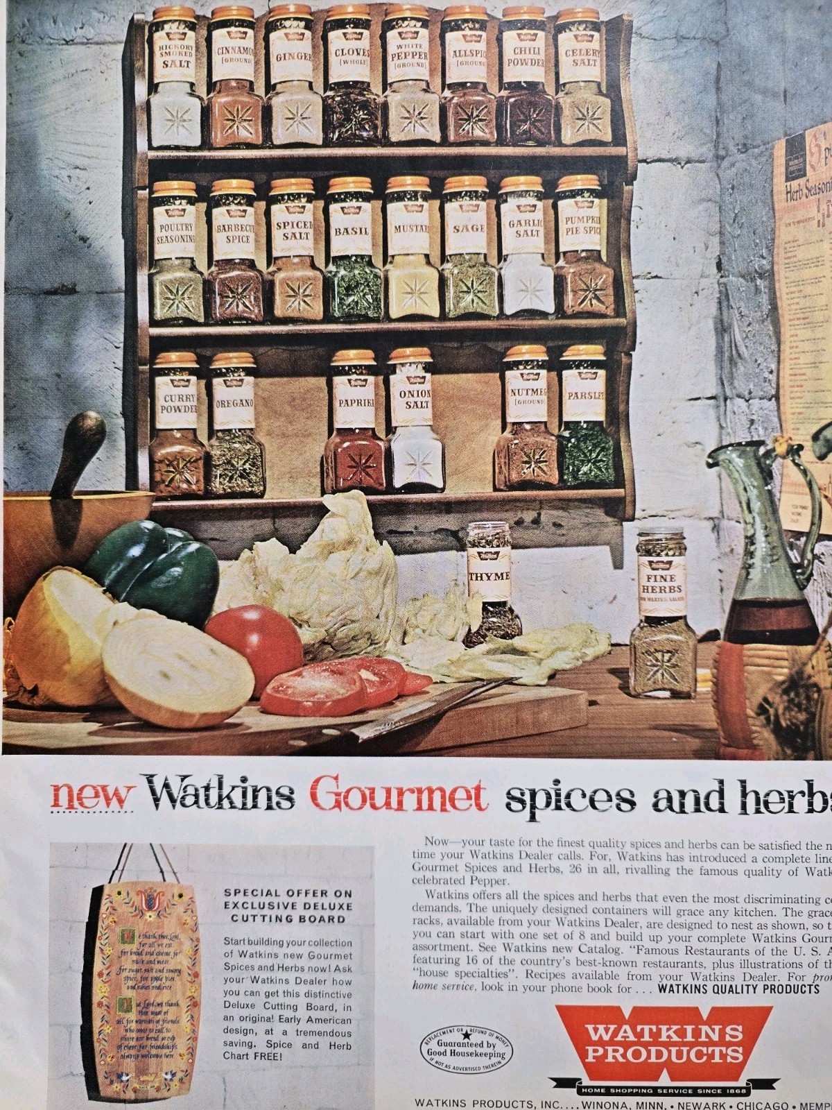 1961 Watkins  Gourmet Spices Herbs Spice rack  vintage ad 