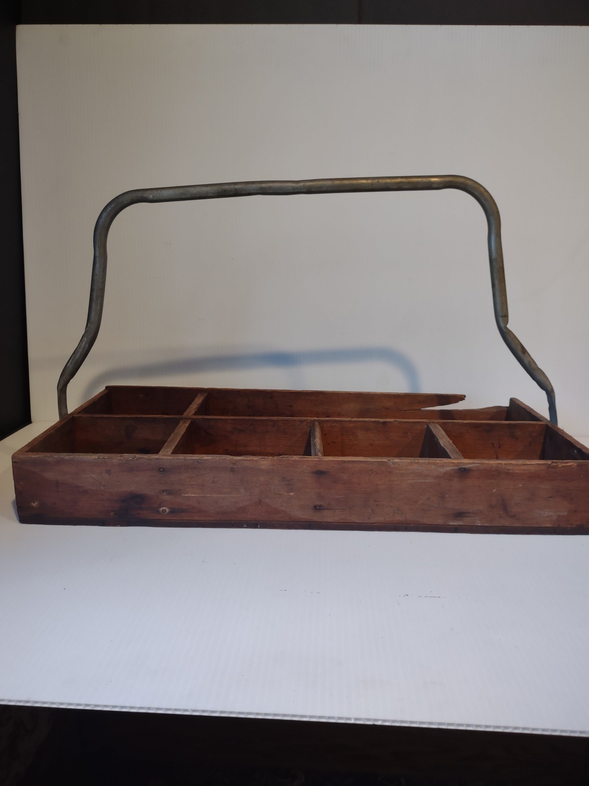 Vintage Brown Wooden Tool Box Divided Carrier Metal Handle Rustic Decor [7500]