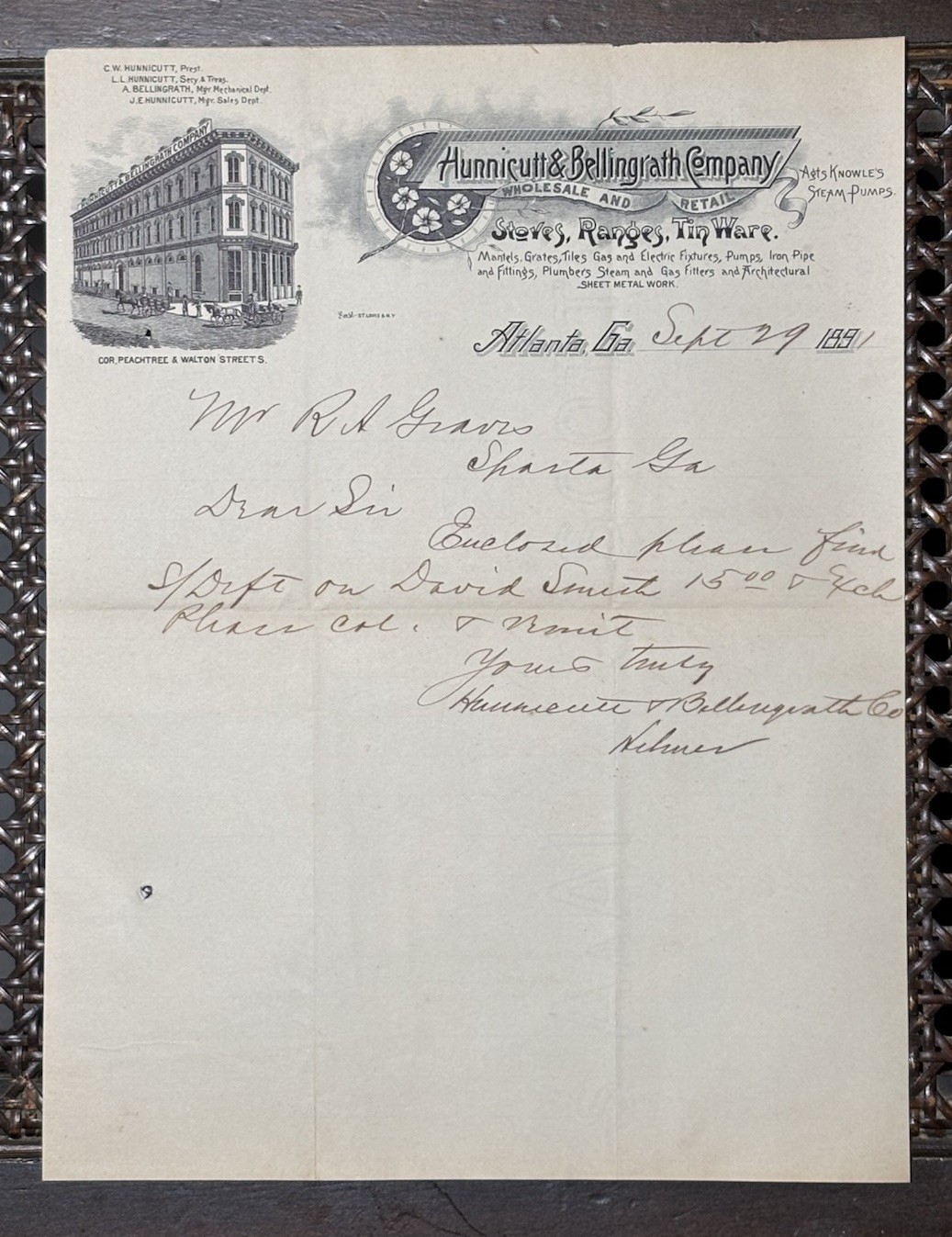 1891 Atlanta GA Hunnicutt & Bellingrath Co Illustrated Letterhead Stoves