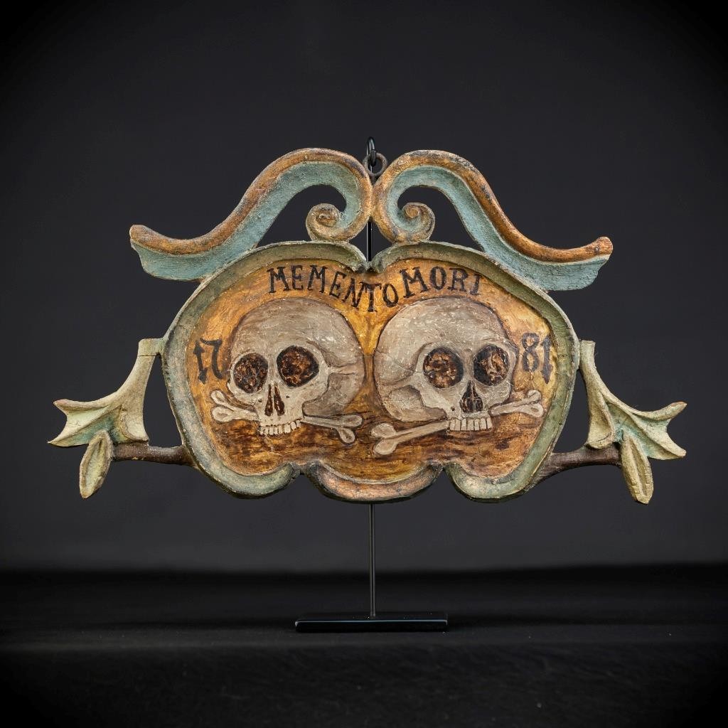 Memento Mori | French 1700s Wood Carved Painted Plaque |18th Vanitas Death 16.9