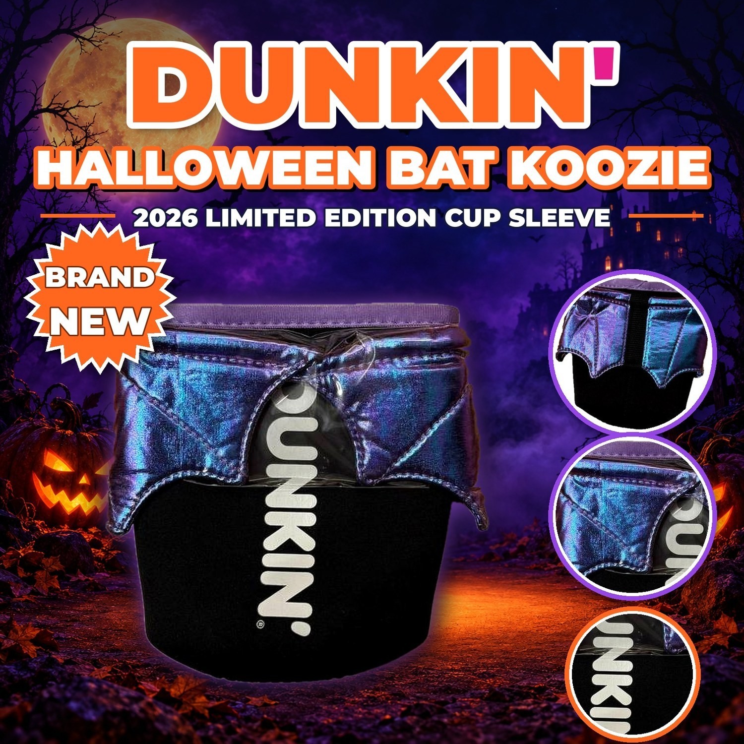 Dunkin 2026 Limited Edition Halloween Bat Koozie Cup Sleeve Purple Wings New