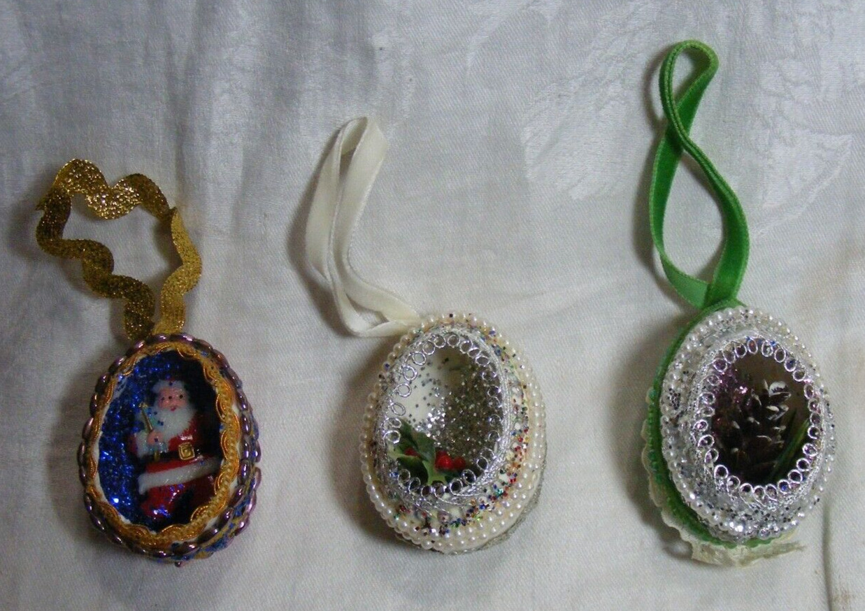 Vintage Christmas Ornaments Lot of 3 Diroma Real Eggs Santa Holly Handmade 5-d