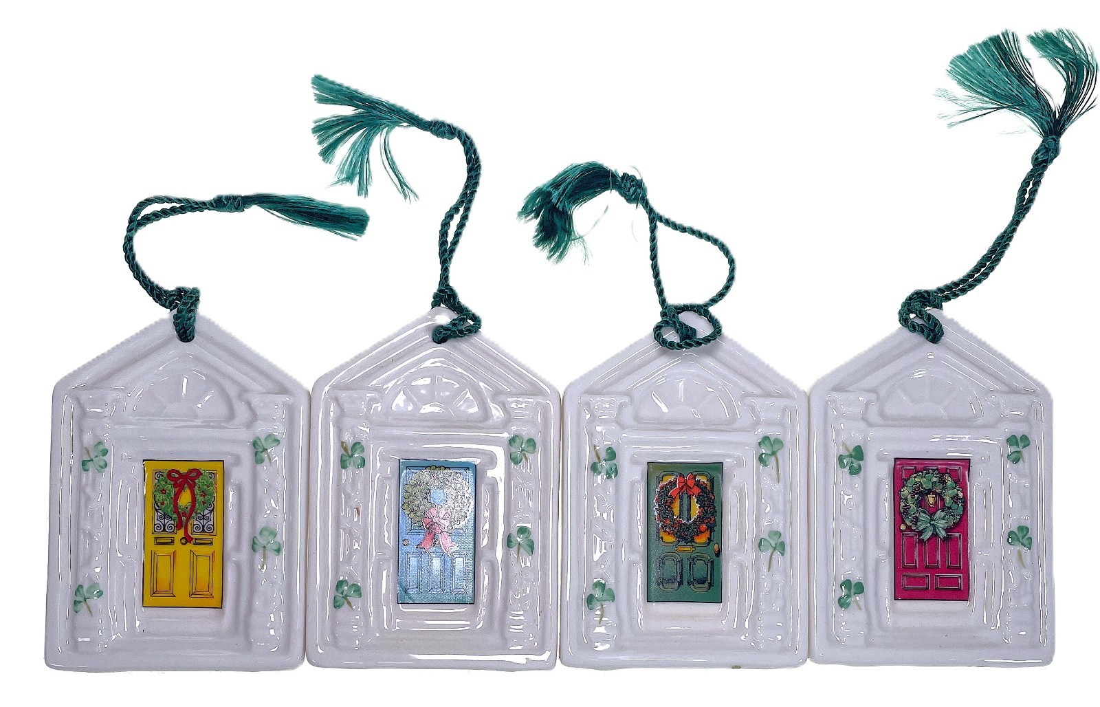 4 Belleek Dublin Door Christmas Ornaments Porcelain 3.5”x 2.5”
